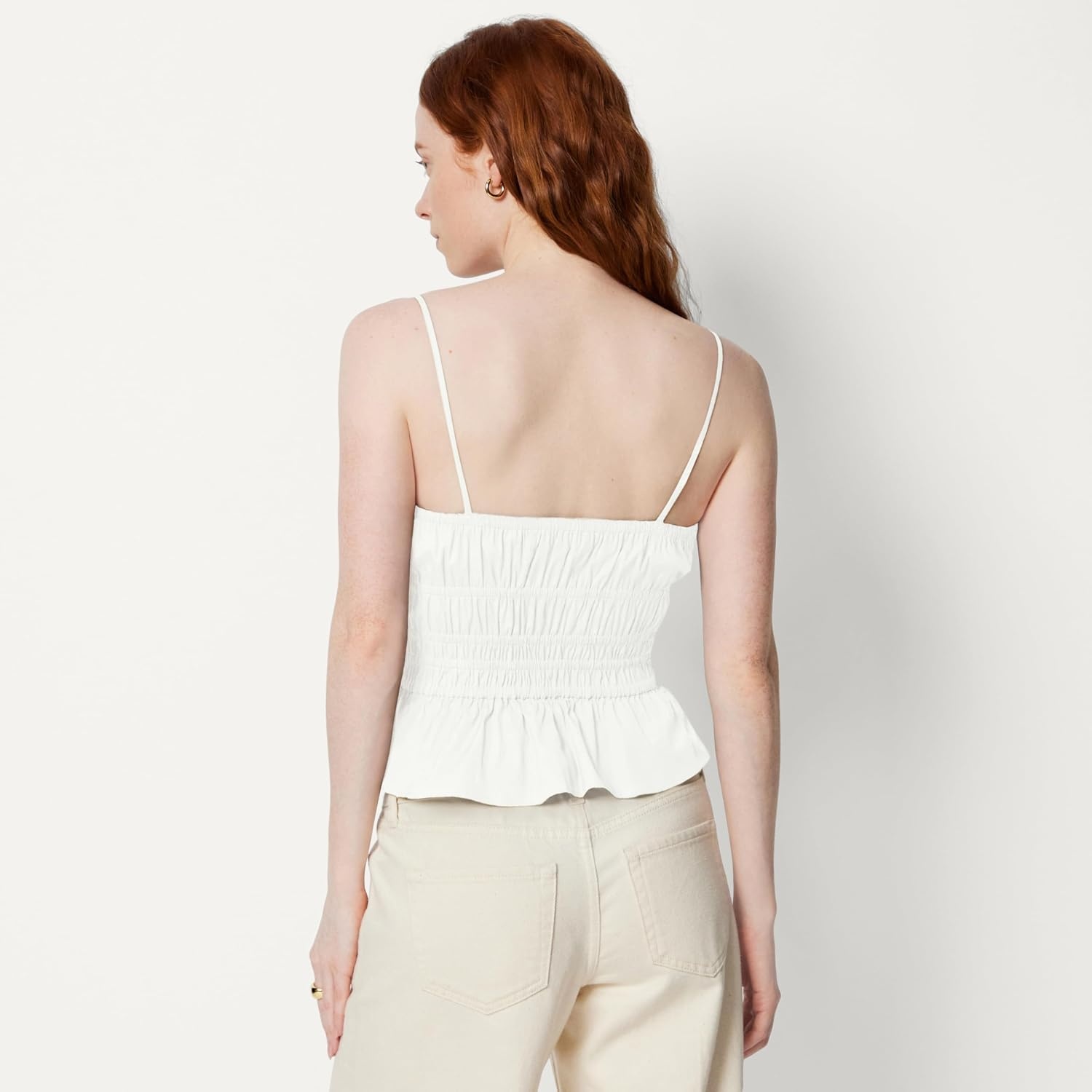 image:imageAmazon Essentials Womens RegularFit Smocked Cotton Stretch Poplin TankBright White