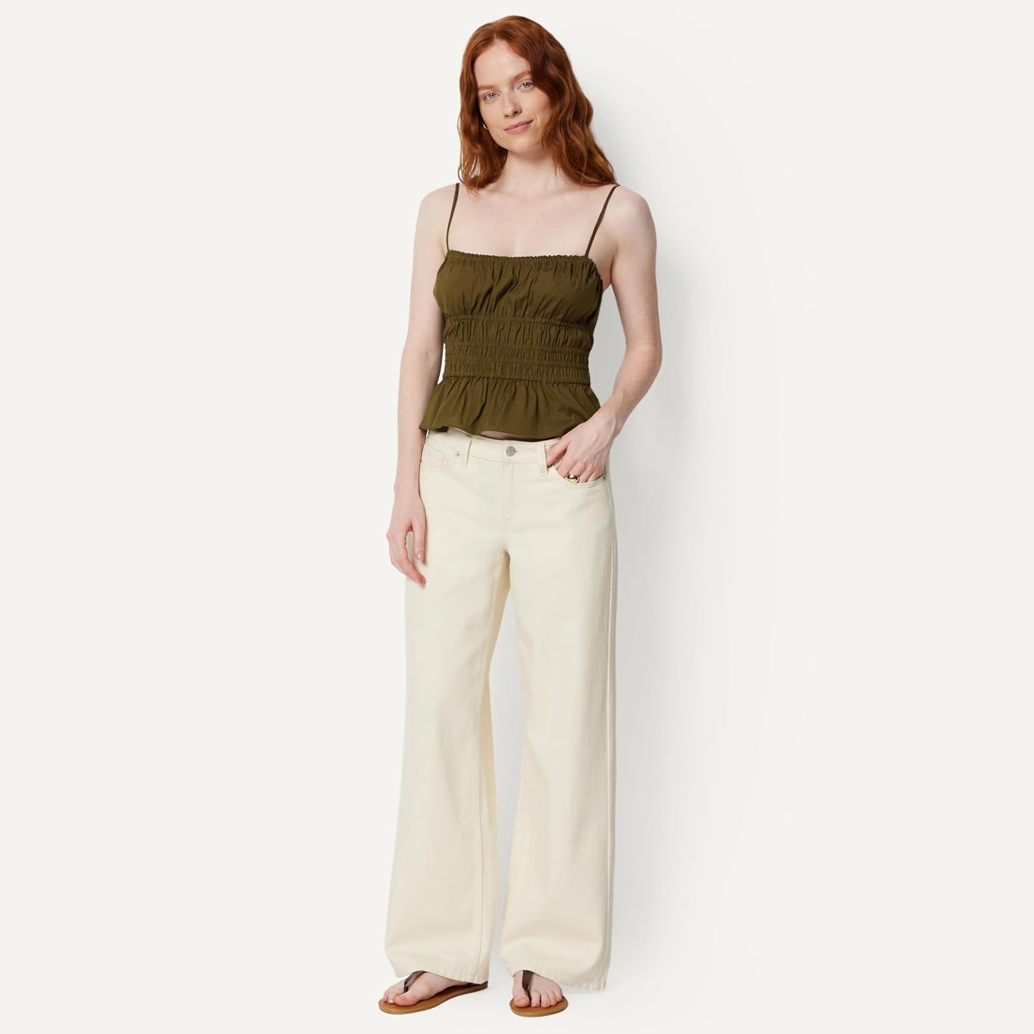 image:imageAmazon Essentials Womens RegularFit Smocked Cotton Stretch Poplin TankDeep Brown