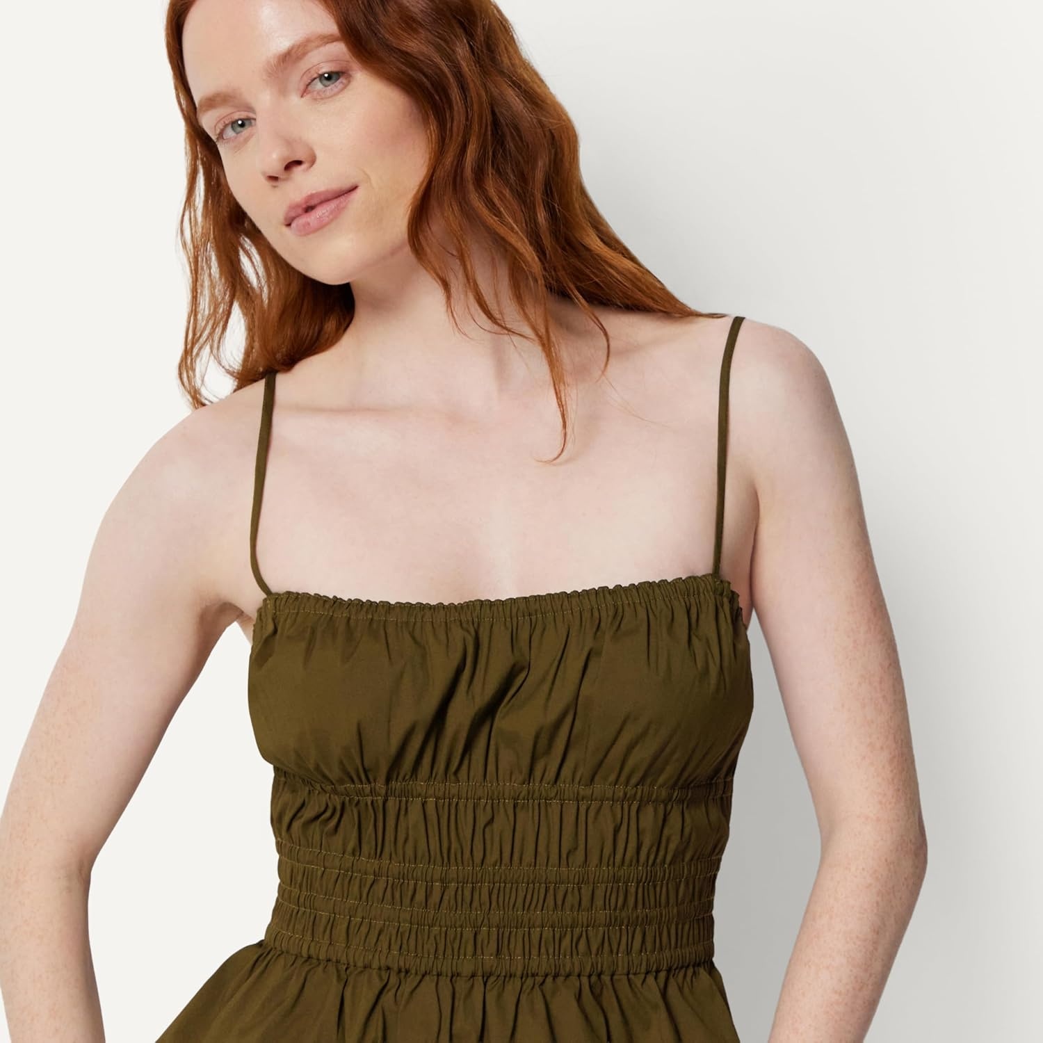 image:imageAmazon Essentials Womens RegularFit Smocked Cotton Stretch Poplin TankDeep Brown