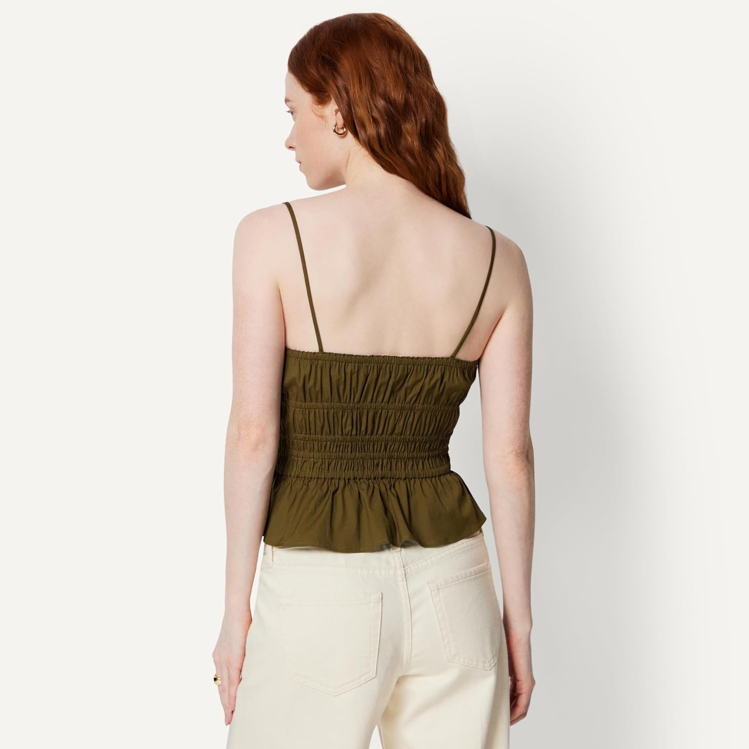 image:imageAmazon Essentials Womens RegularFit Smocked Cotton Stretch Poplin TankDeep Brown