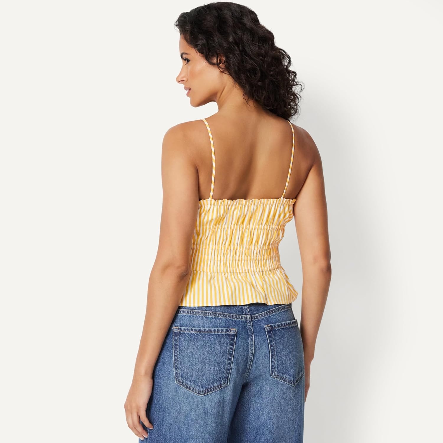 image:imageAmazon Essentials Womens RegularFit Smocked Cotton Stretch Poplin TankGolden Yellow Even Stripe