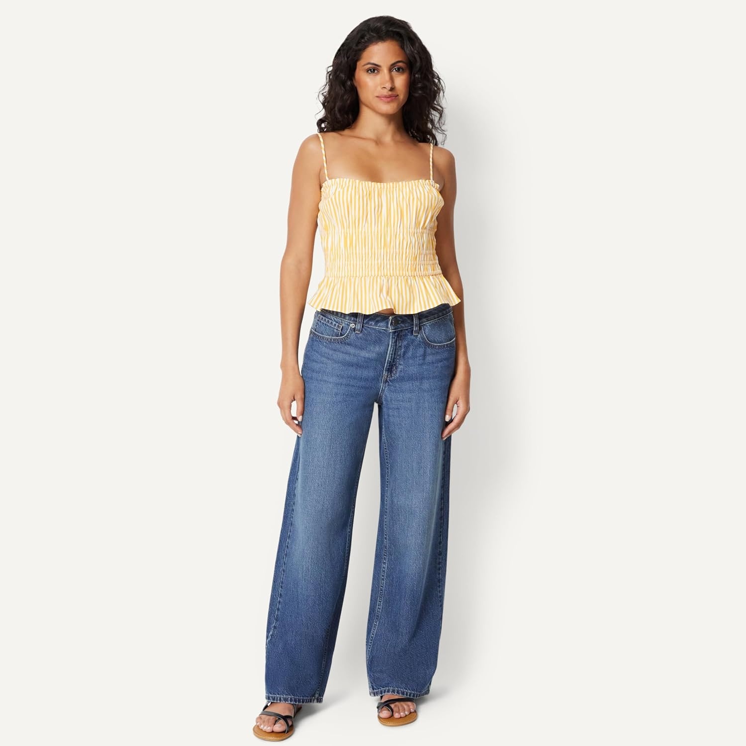 image:imageAmazon Essentials Womens RegularFit Smocked Cotton Stretch Poplin TankGolden Yellow Even Stripe