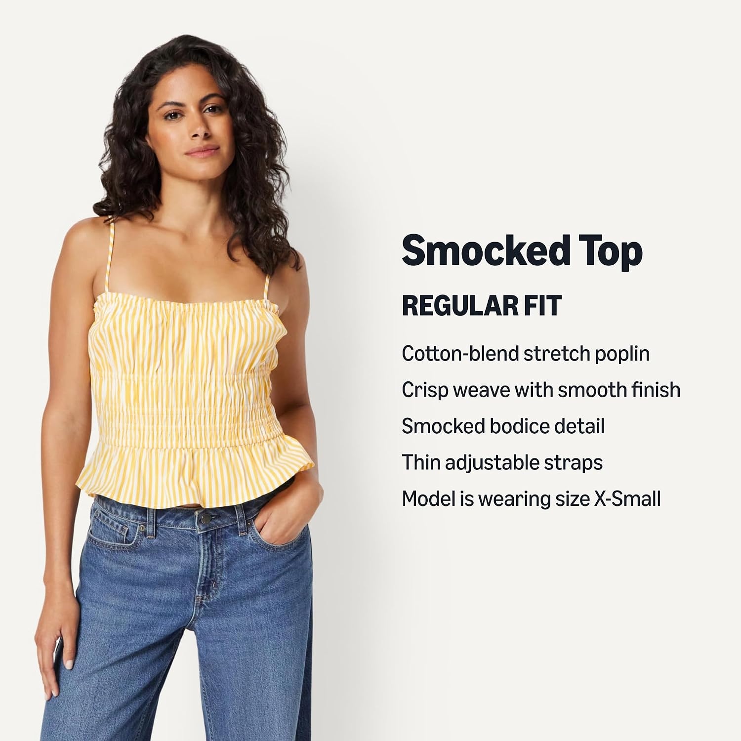 image:imageAmazon Essentials Womens RegularFit Smocked Cotton Stretch Poplin TankGolden Yellow Even Stripe