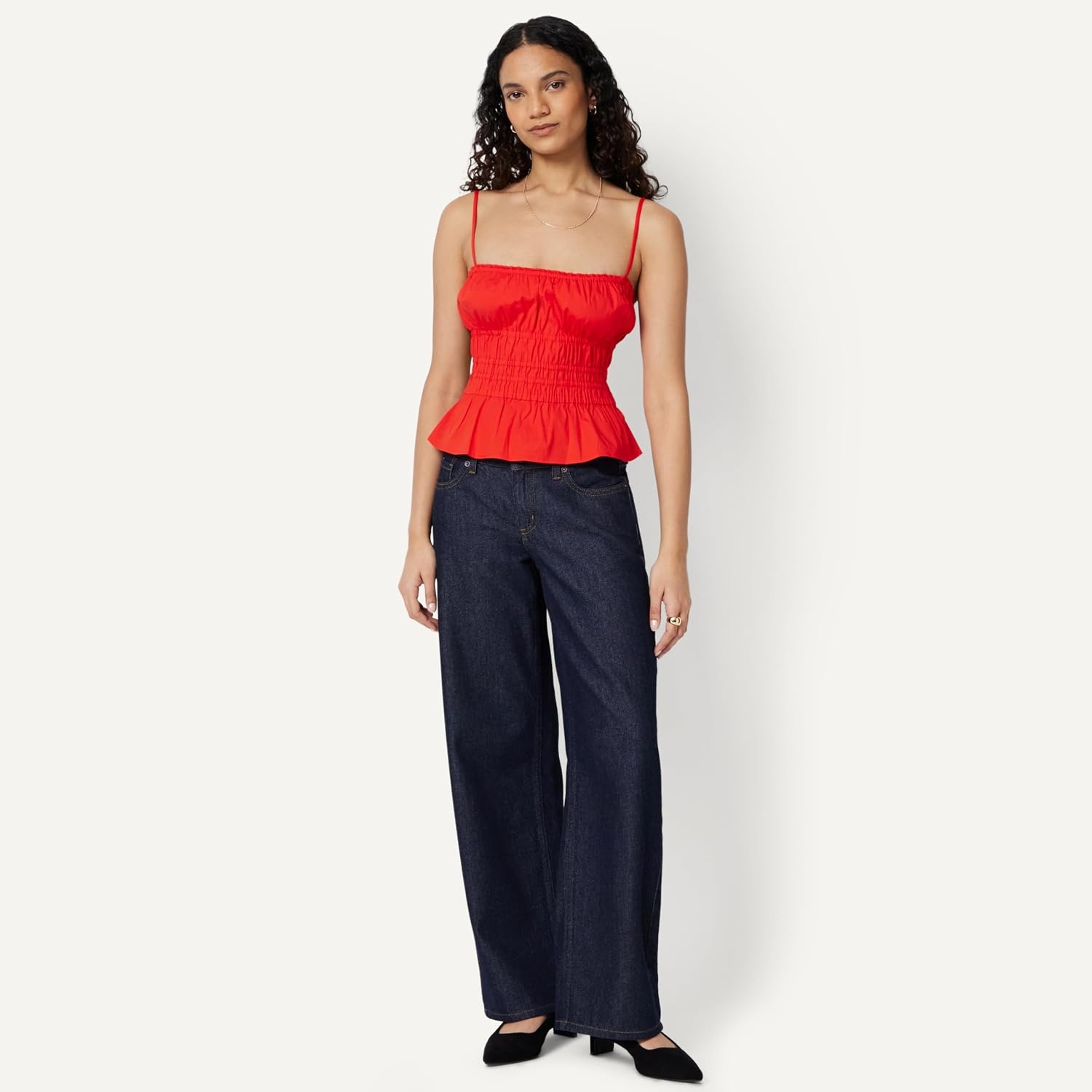 image:imageAmazon Essentials Womens RegularFit Smocked Cotton Stretch Poplin TankRed