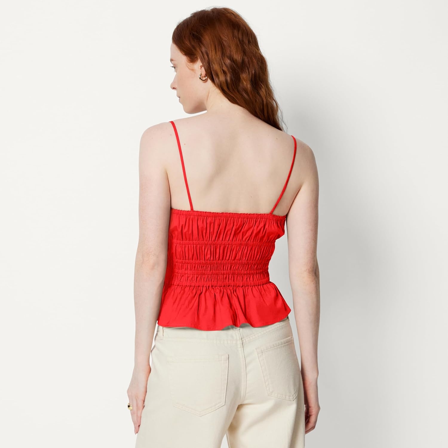 image:imageAmazon Essentials Womens RegularFit Smocked Cotton Stretch Poplin TankRed
