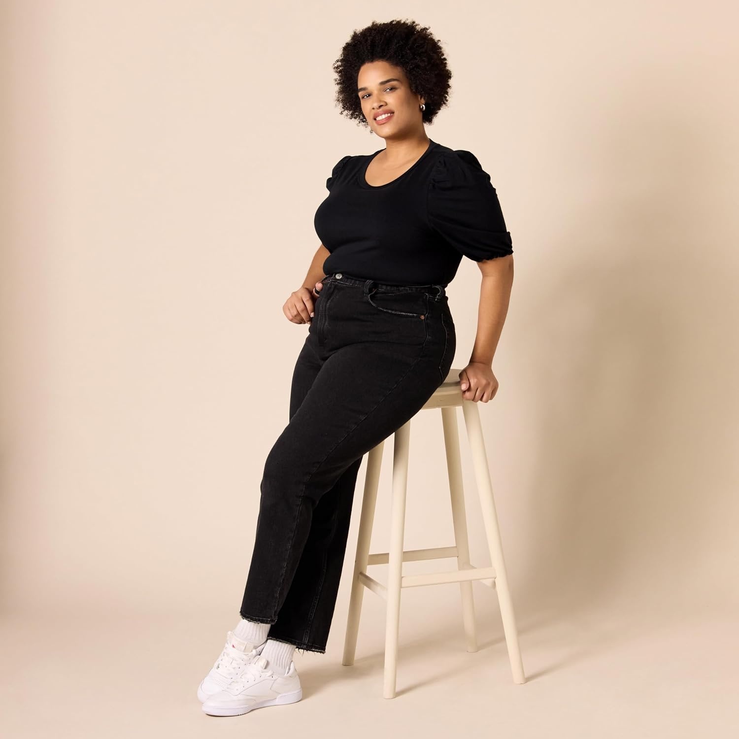 image:imageAmazon Essentials Womens RegularFit Twist Puff Sleeve Crewneck TShirtBlack