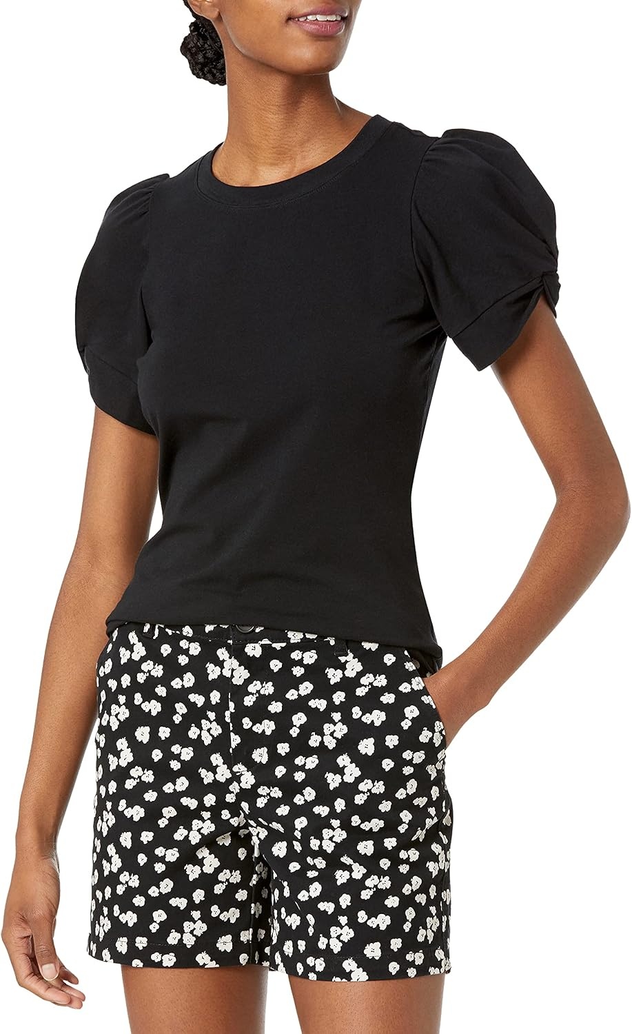 image:imageAmazon Essentials Womens RegularFit Twist Puff Sleeve Crewneck TShirtBlack