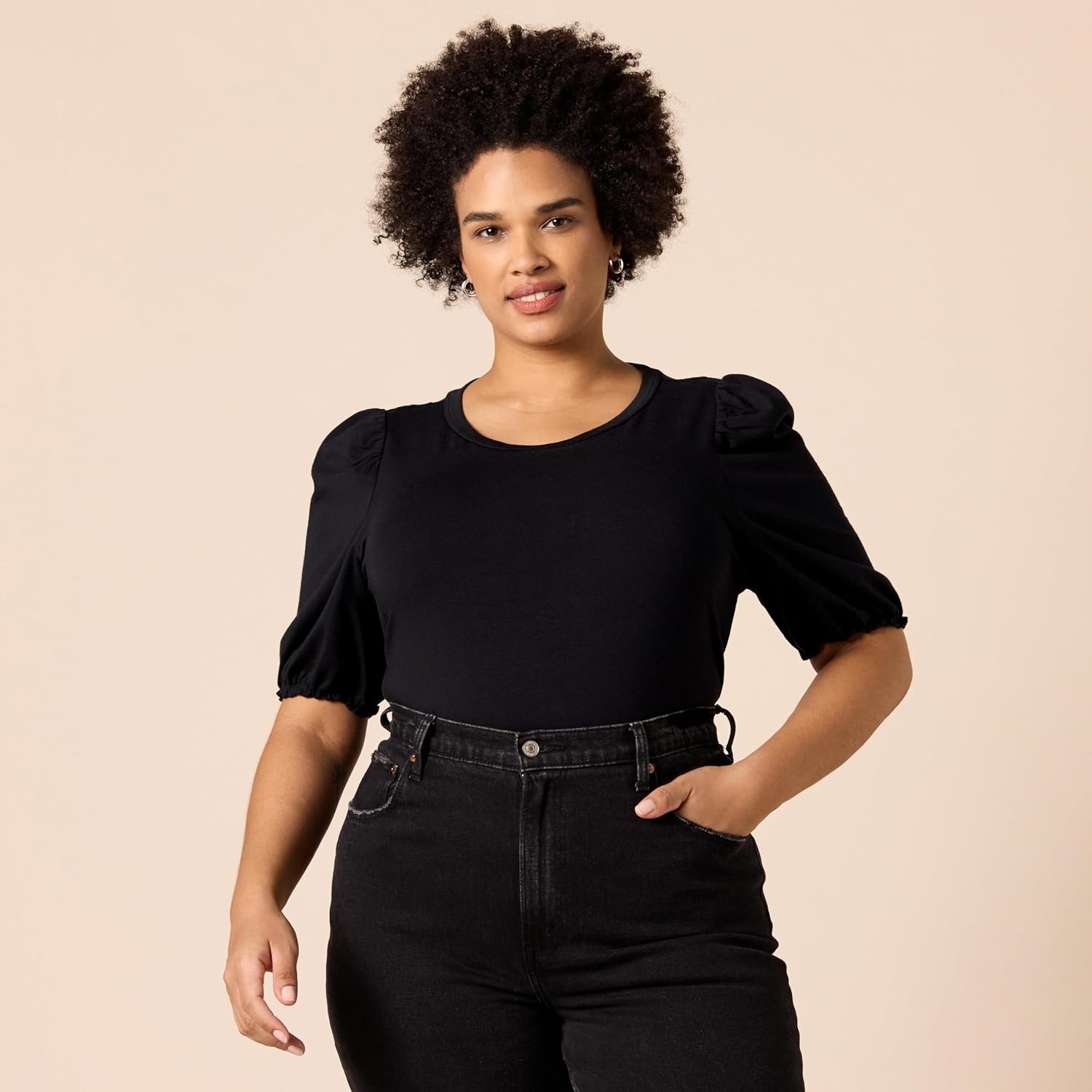 image:imageAmazon Essentials Womens RegularFit Twist Puff Sleeve Crewneck TShirtBlack
