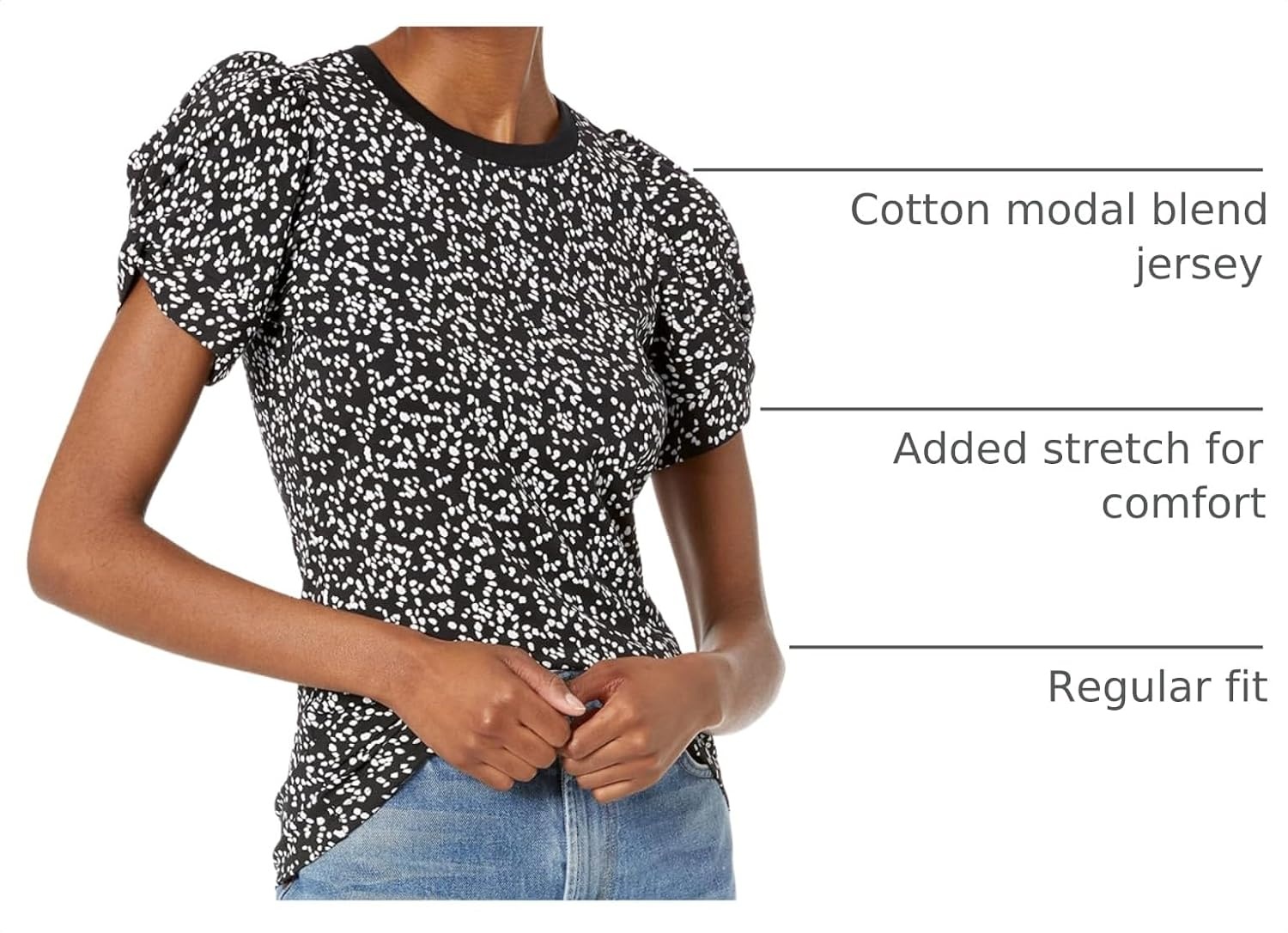 image:imageAmazon Essentials Womens RegularFit Twist Puff Sleeve Crewneck TShirtBlack White Abstract Animal