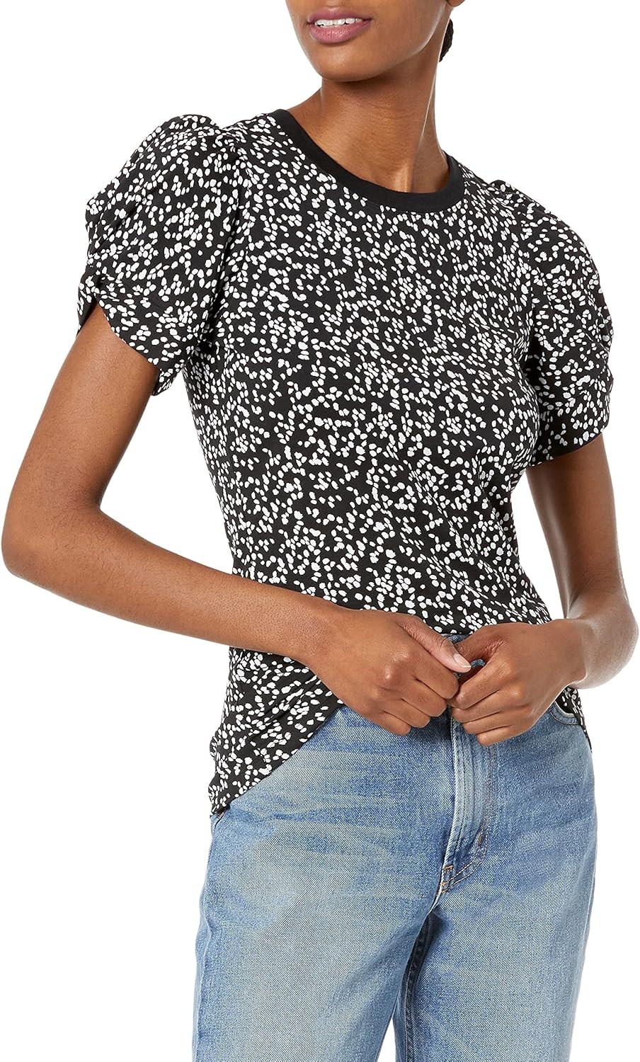 image:imageAmazon Essentials Womens RegularFit Twist Puff Sleeve Crewneck TShirtBlack White Abstract Animal