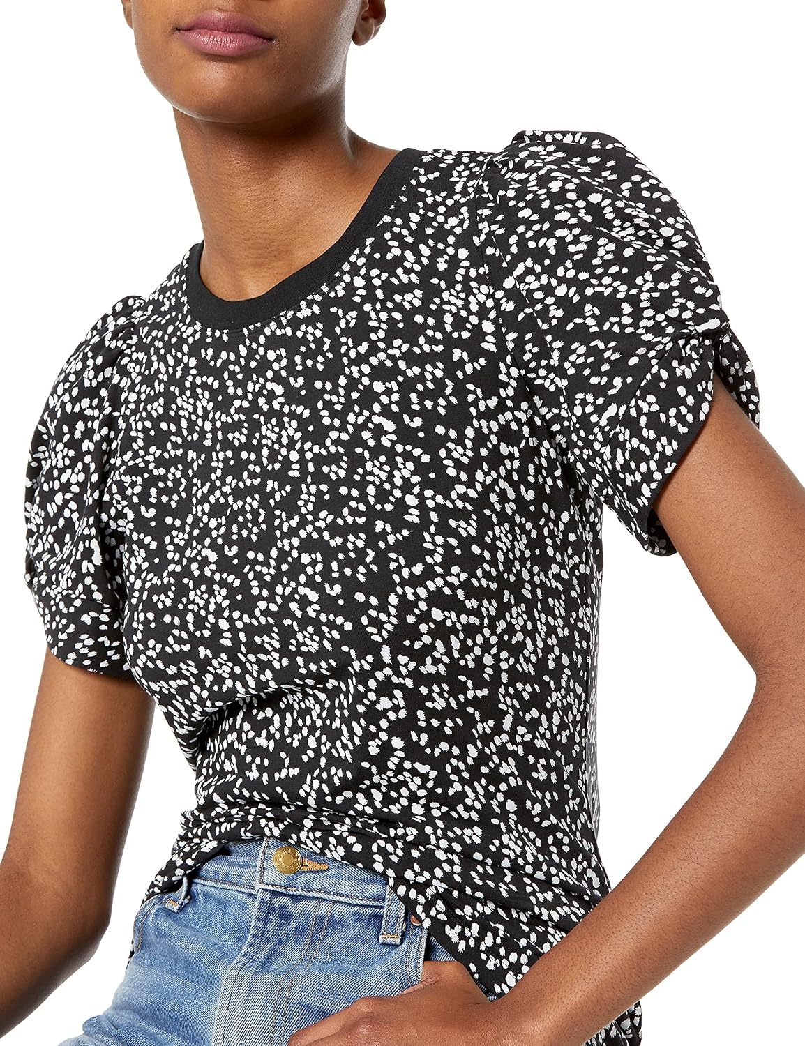 image:imageAmazon Essentials Womens RegularFit Twist Puff Sleeve Crewneck TShirtBlackWhite Abstract Animal