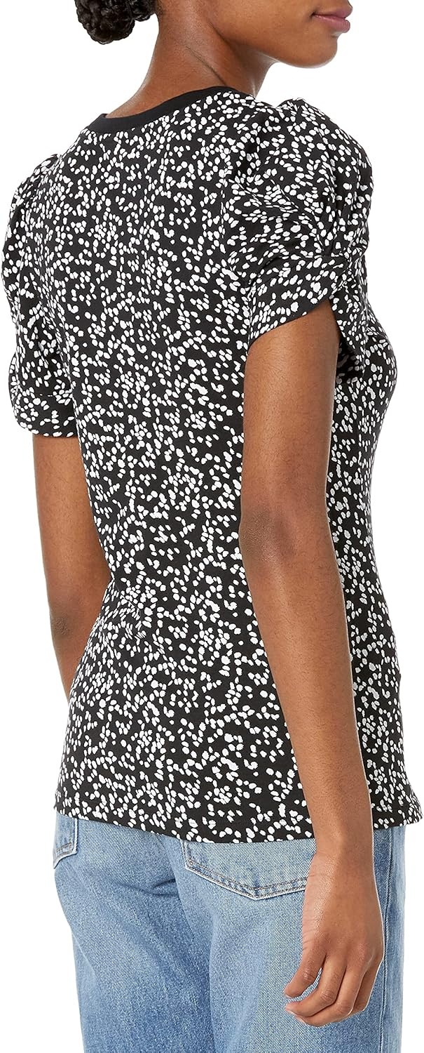 image:imageAmazon Essentials Womens RegularFit Twist Puff Sleeve Crewneck TShirtBlackWhite Abstract Animal