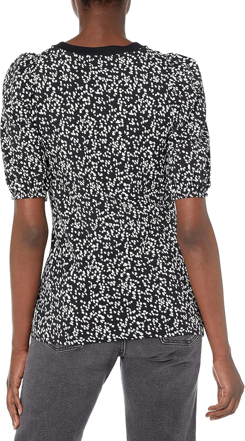 image:imageAmazon Essentials Womens RegularFit Twist Puff Sleeve Crewneck TShirtBlackWhite Abstract Animal