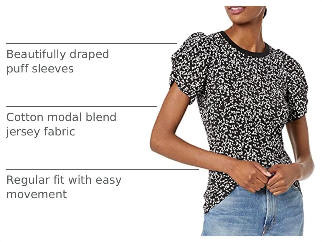 image:imageAmazon Essentials Womens RegularFit Twist Puff Sleeve Crewneck TShirtBlackWhite Abstract Animal