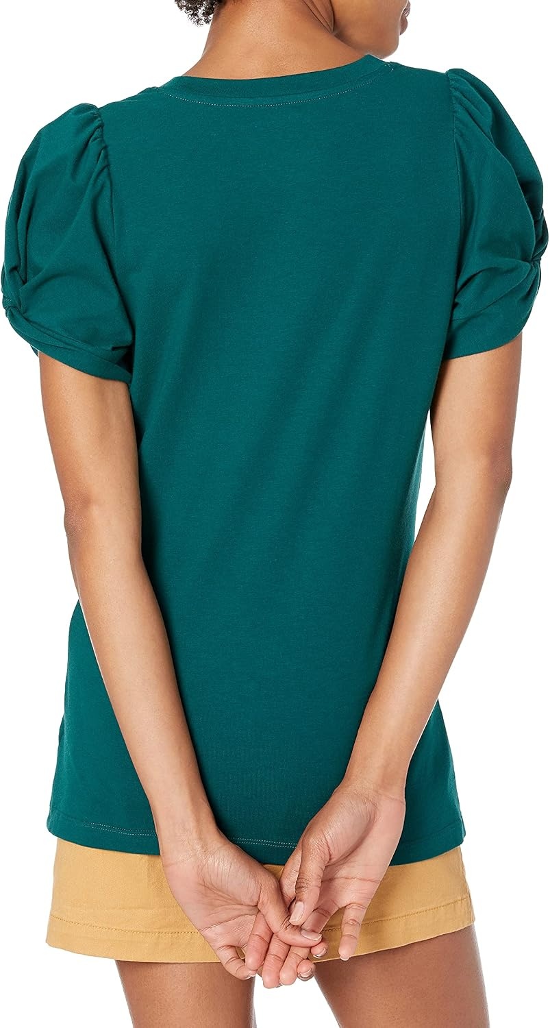 image:imageAmazon Essentials Womens RegularFit Twist Puff Sleeve Crewneck TShirtBotanical Green