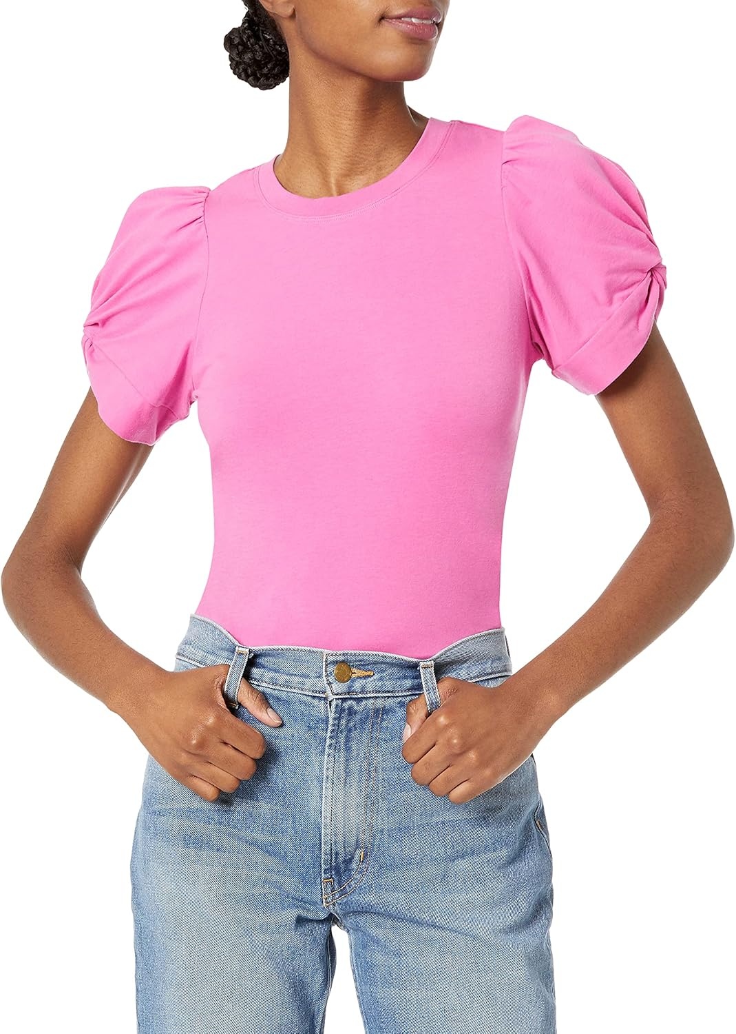image:imageAmazon Essentials Womens RegularFit Twist Puff Sleeve Crewneck TShirtBright Pink