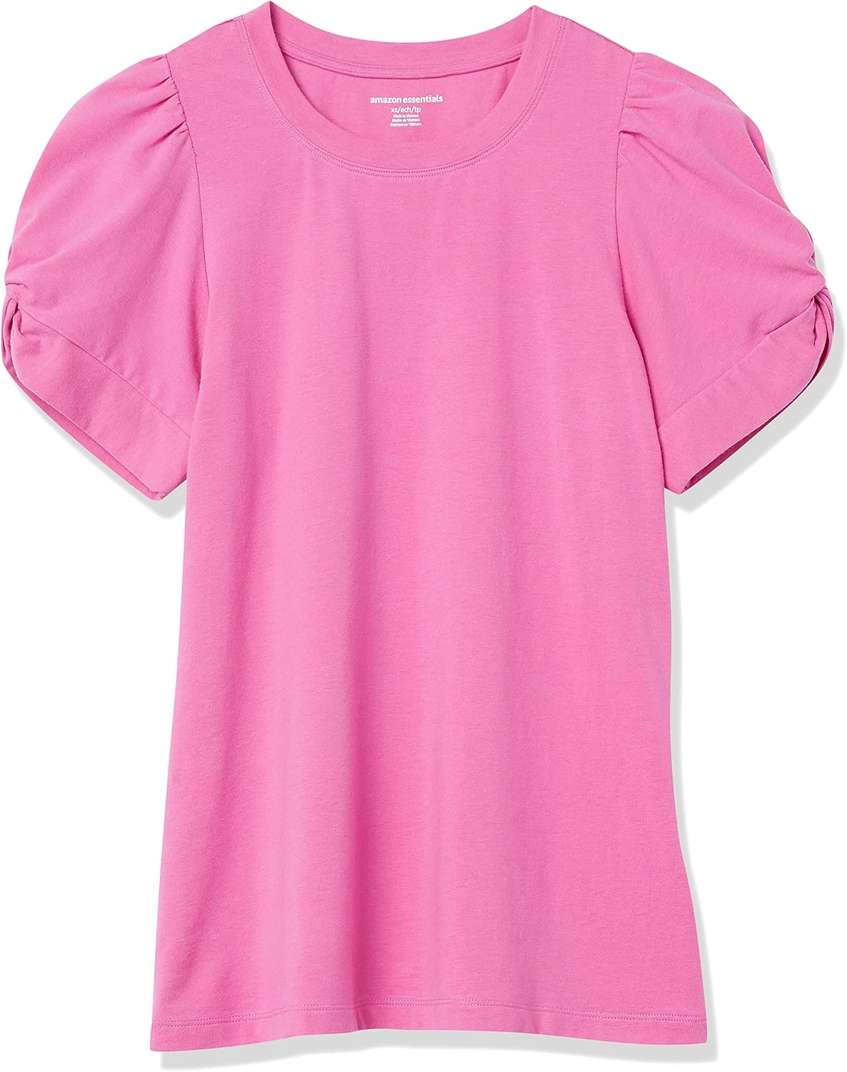 image:imageAmazon Essentials Womens RegularFit Twist Puff Sleeve Crewneck TShirtBright Pink