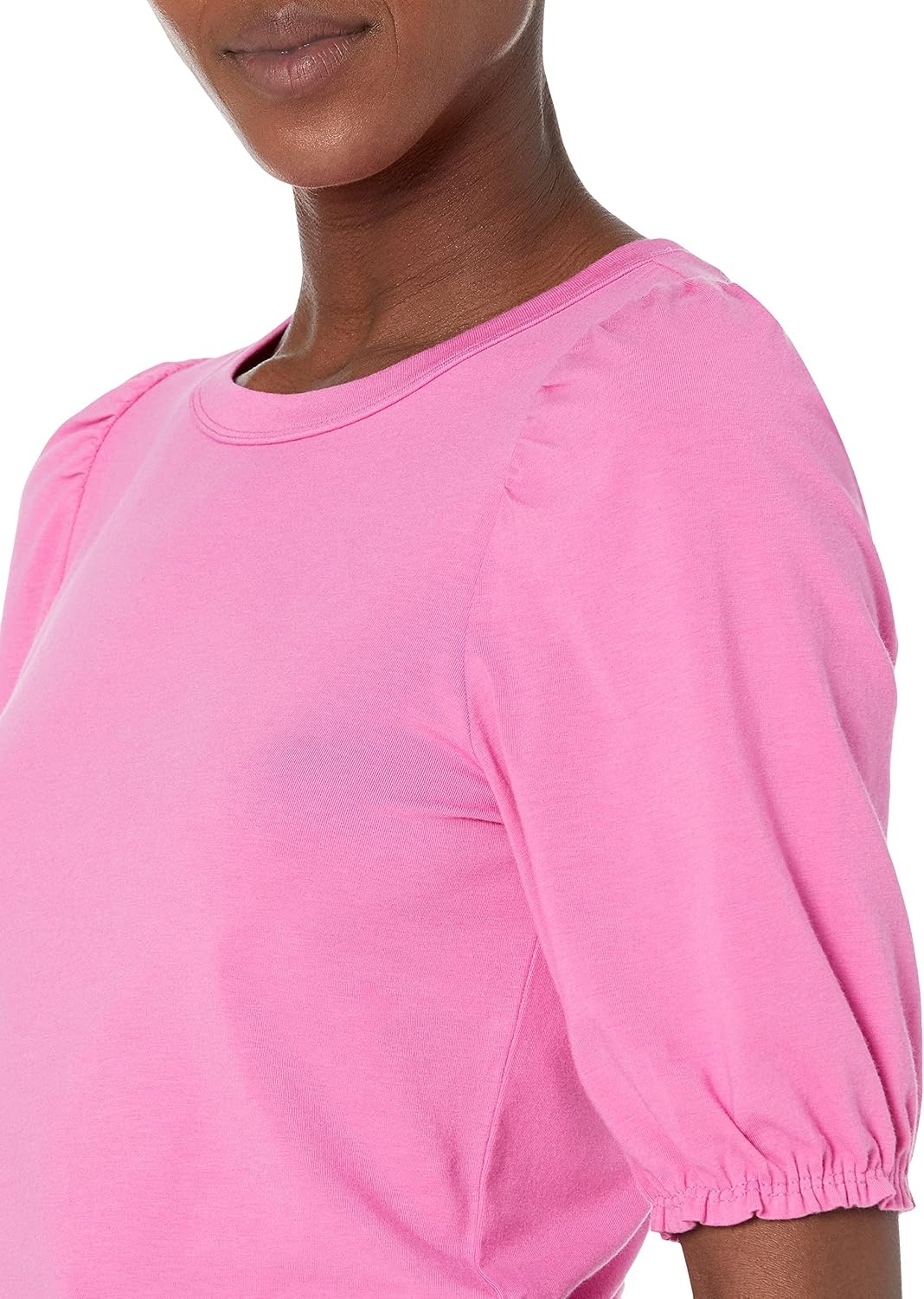 image:imageAmazon Essentials Womens RegularFit Twist Puff Sleeve Crewneck TShirtBright Pink