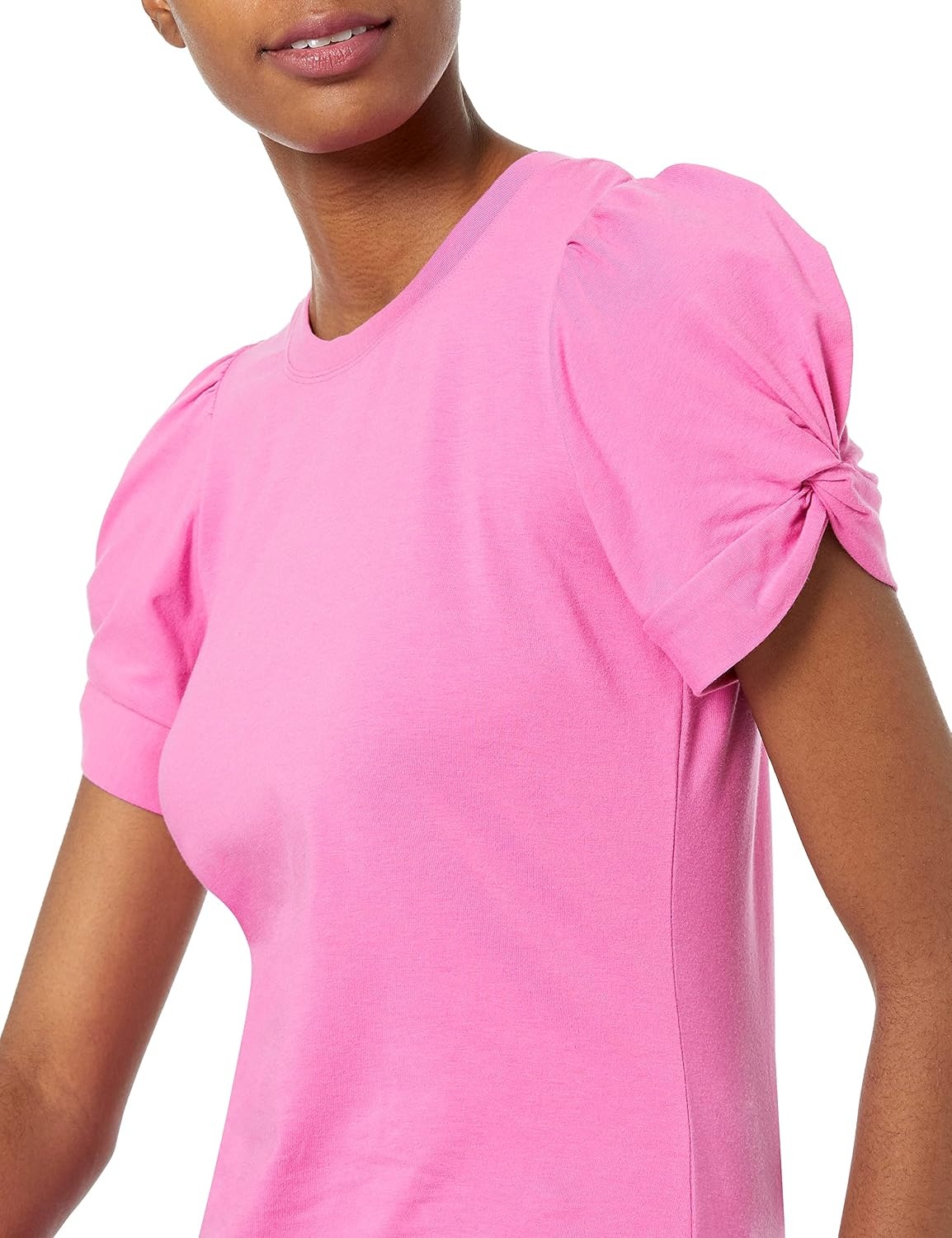 image:imageAmazon Essentials Womens RegularFit Twist Puff Sleeve Crewneck TShirtBright Pink