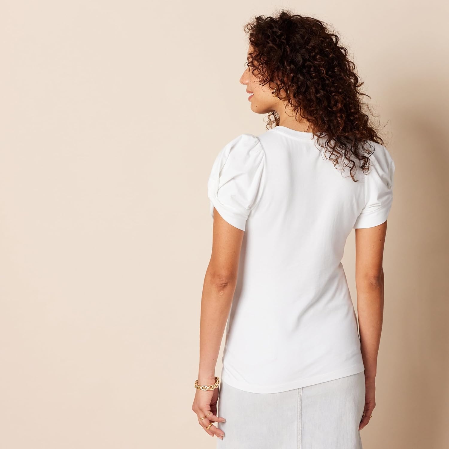 image:imageAmazon Essentials Womens RegularFit Twist Puff Sleeve Crewneck TShirtBright White