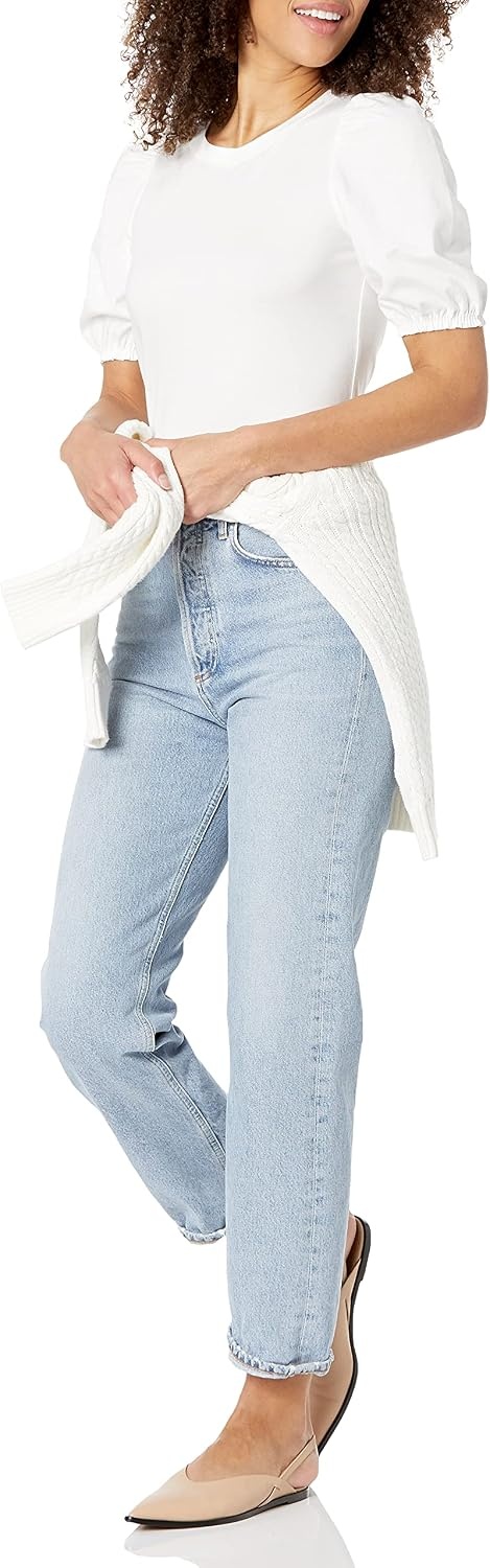 image:imageAmazon Essentials Womens RegularFit Twist Puff Sleeve Crewneck TShirtBright White