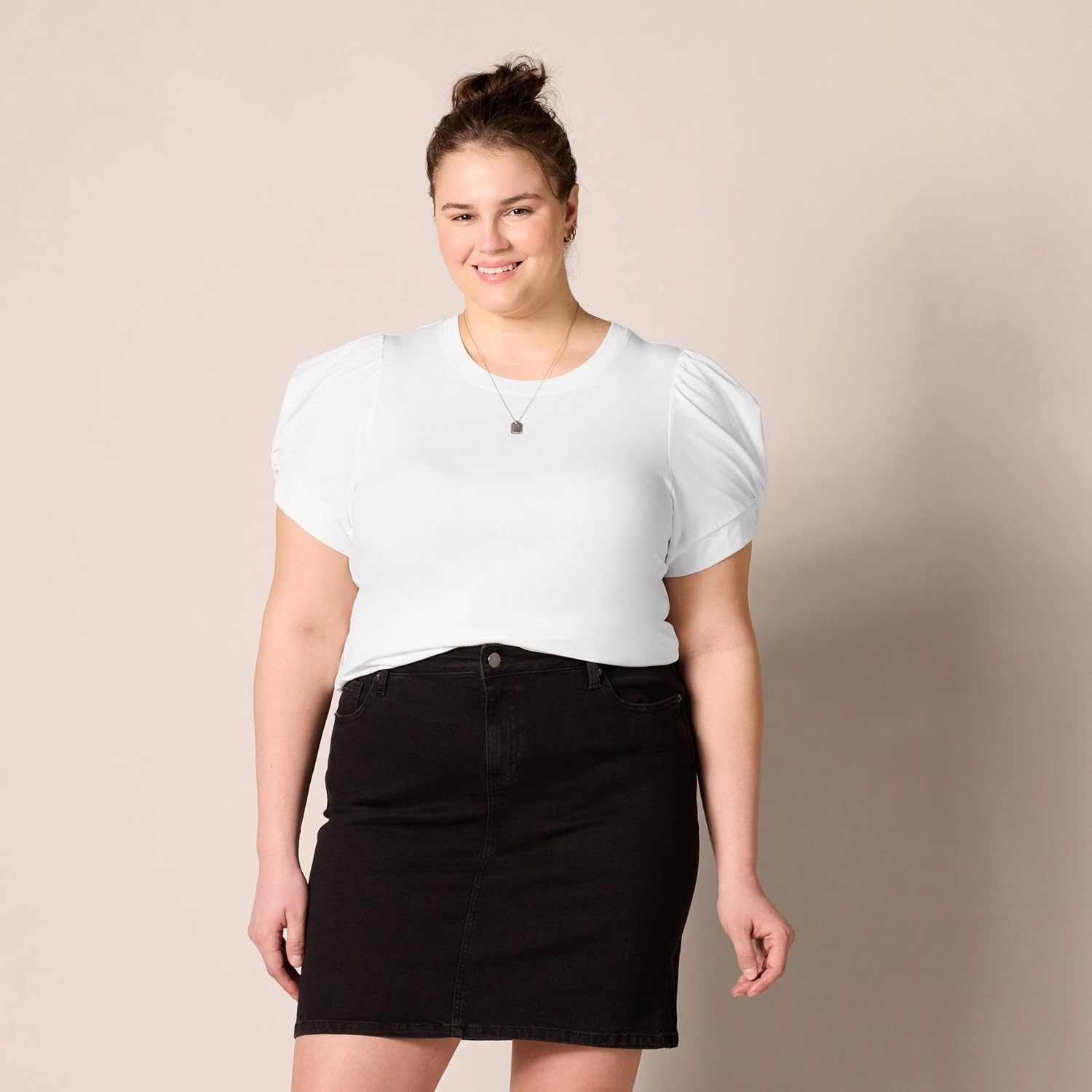 image:imageAmazon Essentials Womens RegularFit Twist Puff Sleeve Crewneck TShirtBright White