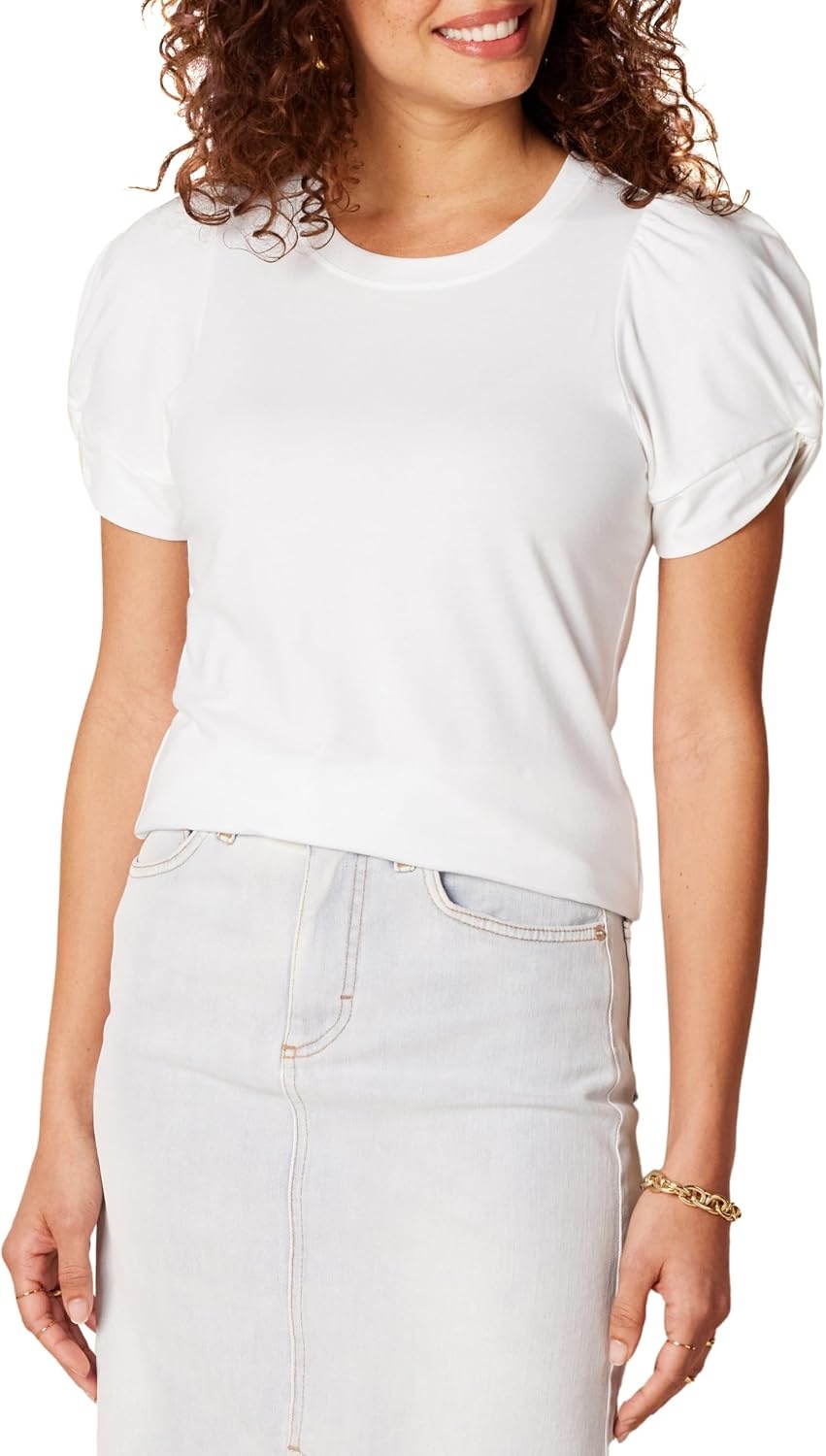 image:imageAmazon Essentials Womens RegularFit Twist Puff Sleeve Crewneck TShirtBright White