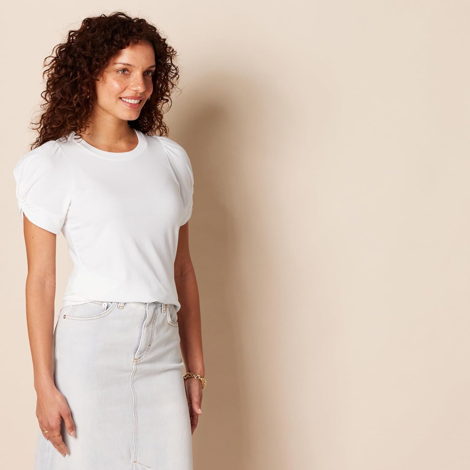 image:imageAmazon Essentials Womens RegularFit Twist Puff Sleeve Crewneck TShirtBright White