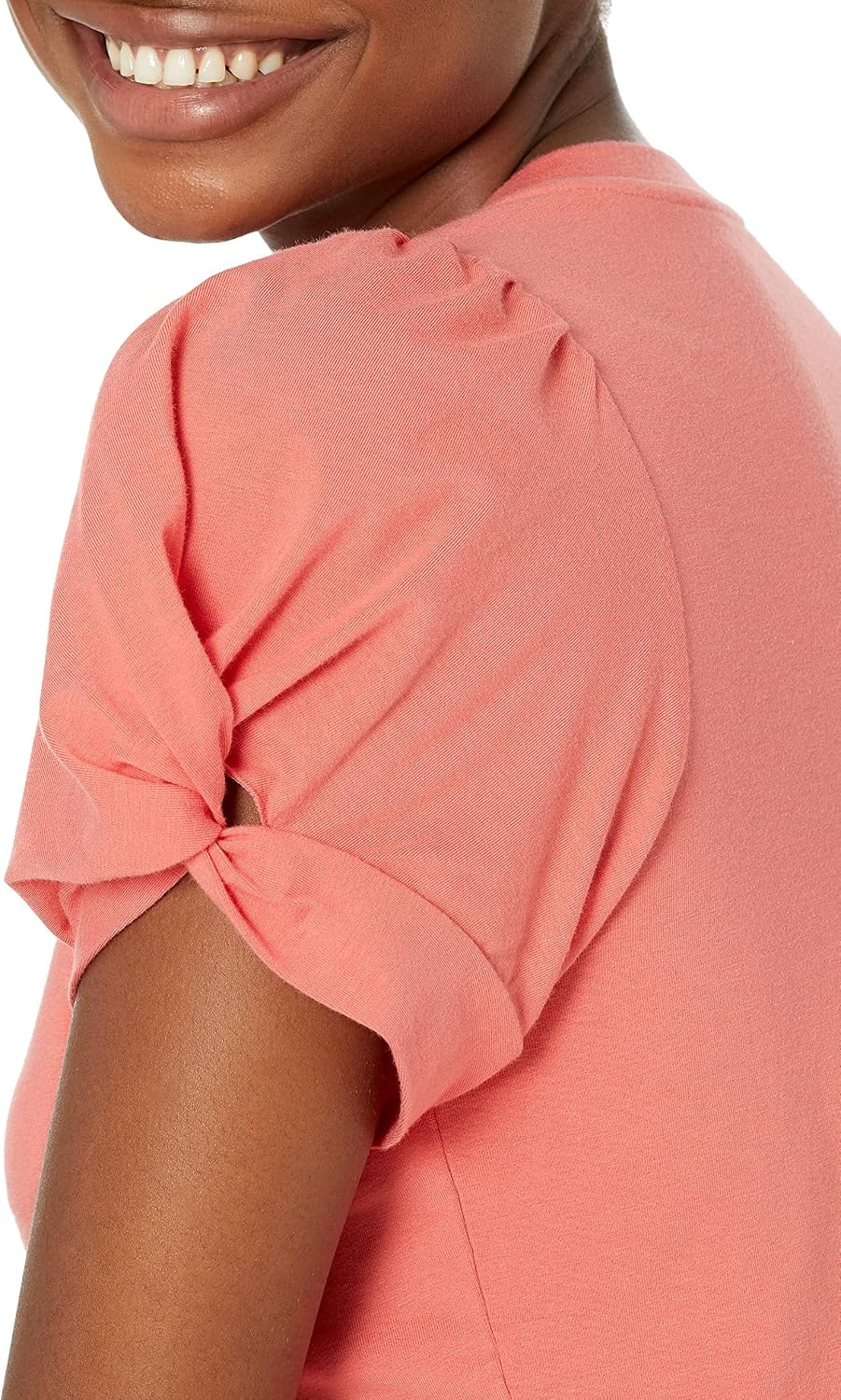 image:imageAmazon Essentials Womens RegularFit Twist Puff Sleeve Crewneck TShirtCoral Pink