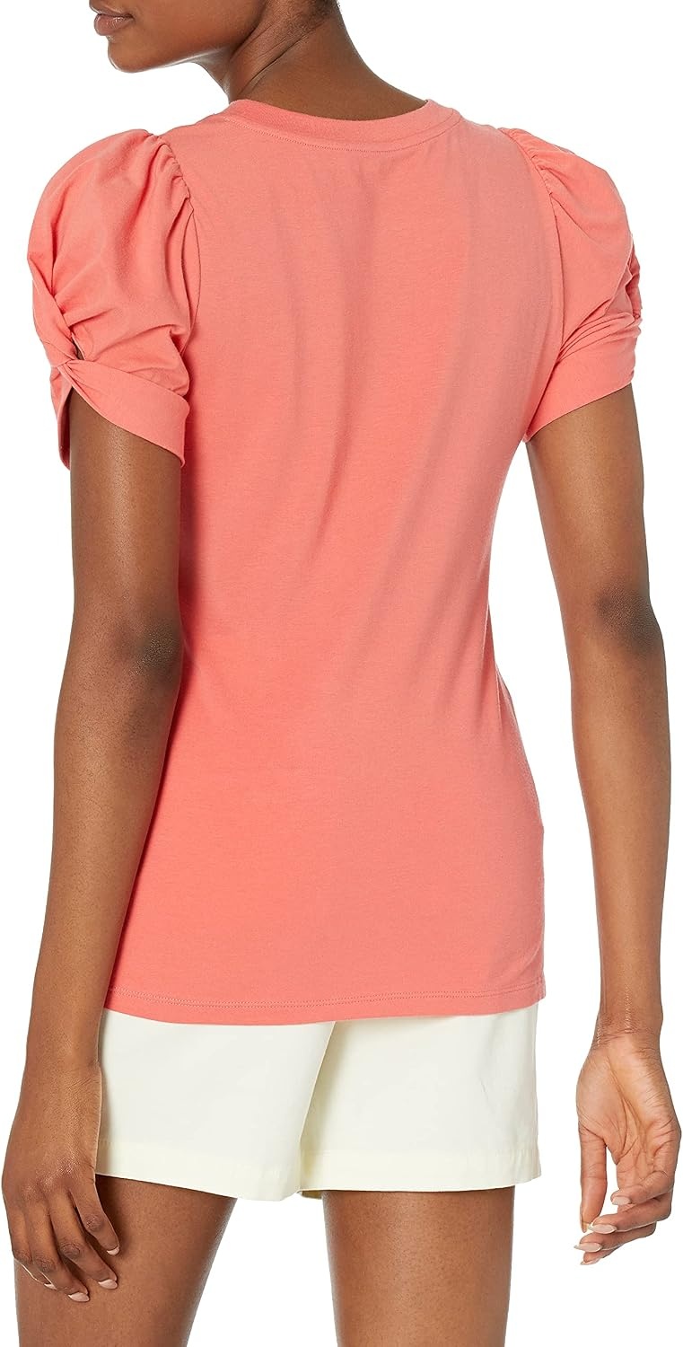 image:imageAmazon Essentials Womens RegularFit Twist Puff Sleeve Crewneck TShirtCoral Pink