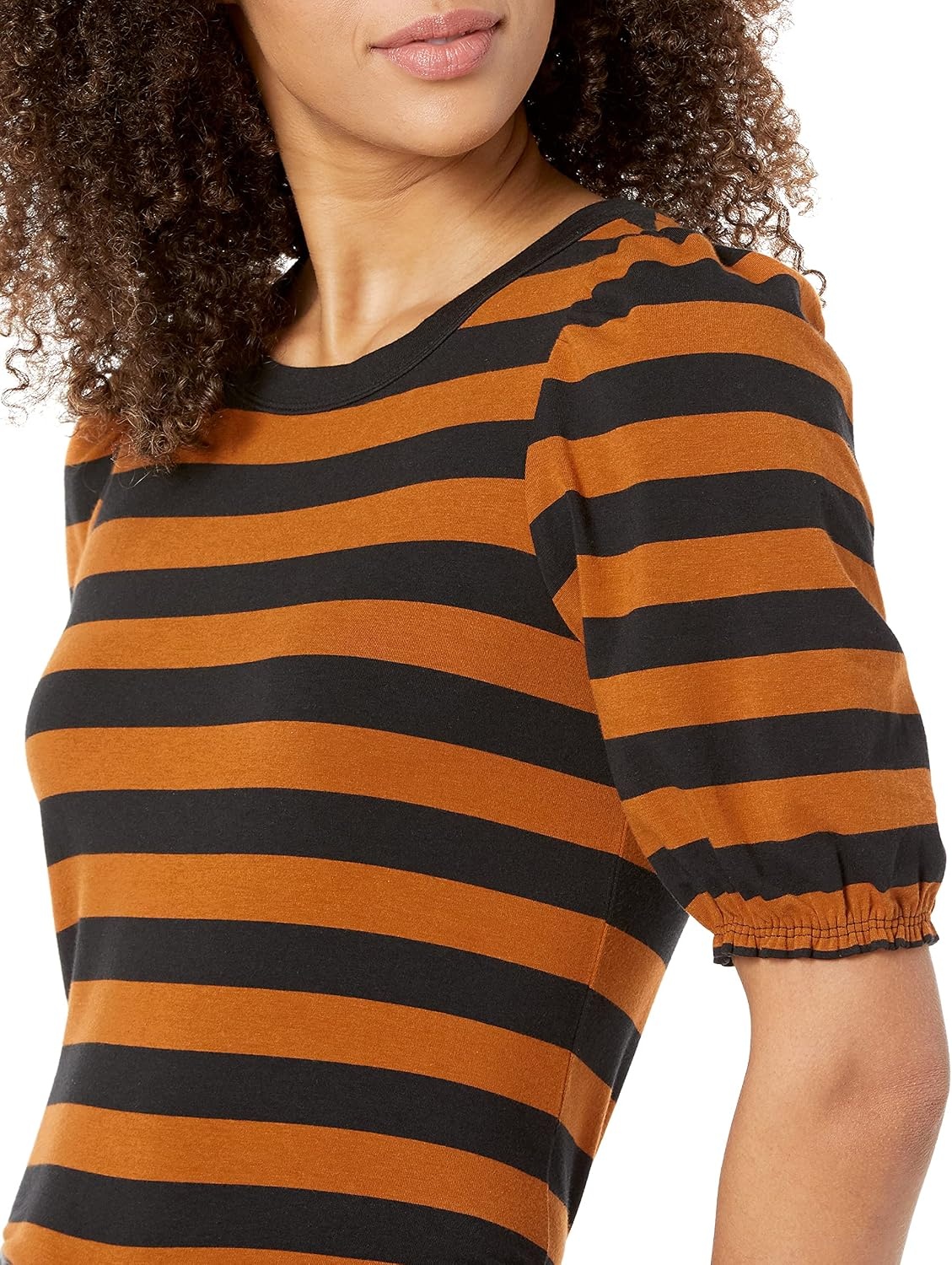 image:imageAmazon Essentials Womens RegularFit Twist Puff Sleeve Crewneck TShirtDark CamelBlack Even Stripe