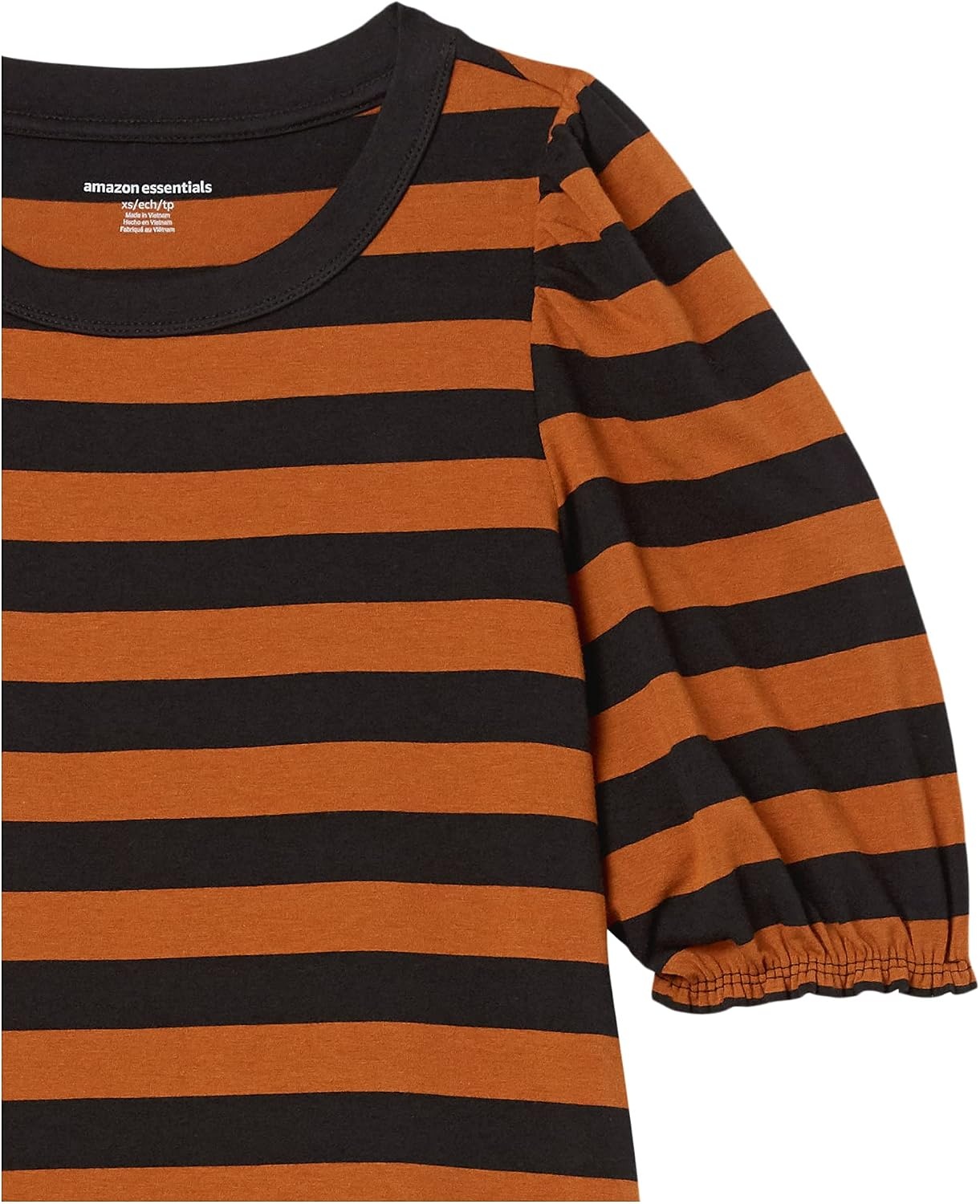 image:imageAmazon Essentials Womens RegularFit Twist Puff Sleeve Crewneck TShirtDark CamelBlack Even Stripe