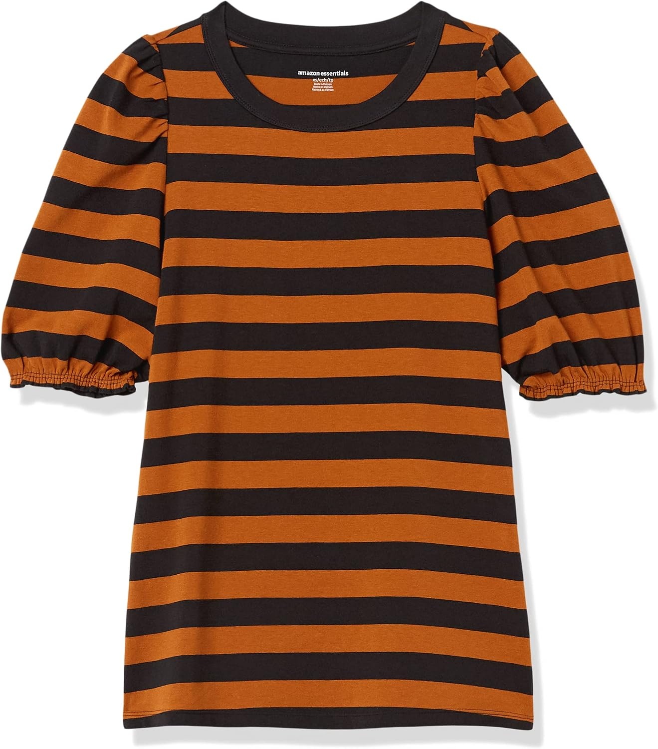 image:imageAmazon Essentials Womens RegularFit Twist Puff Sleeve Crewneck TShirtDark CamelBlack Even Stripe