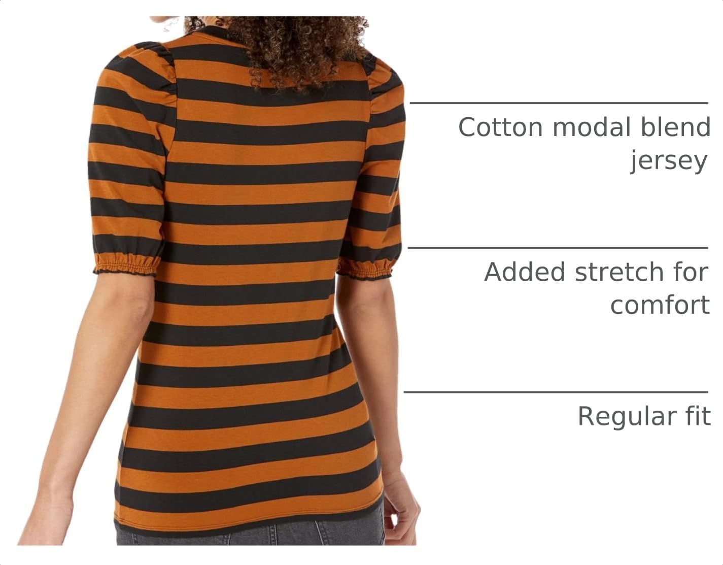 image:imageAmazon Essentials Womens RegularFit Twist Puff Sleeve Crewneck TShirtDark CamelBlack Even Stripe
