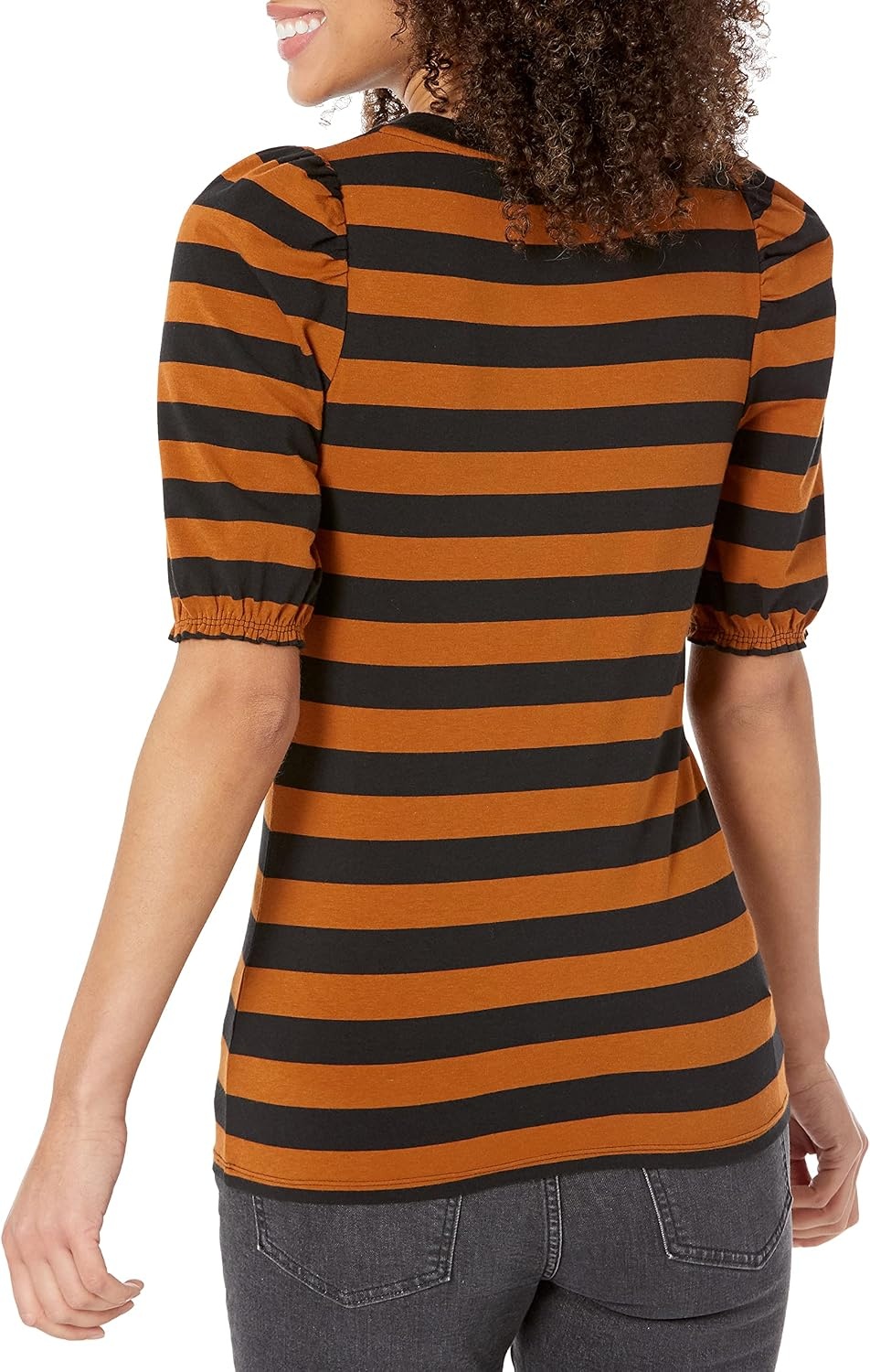 image:imageAmazon Essentials Womens RegularFit Twist Puff Sleeve Crewneck TShirtDark CamelBlack Even Stripe