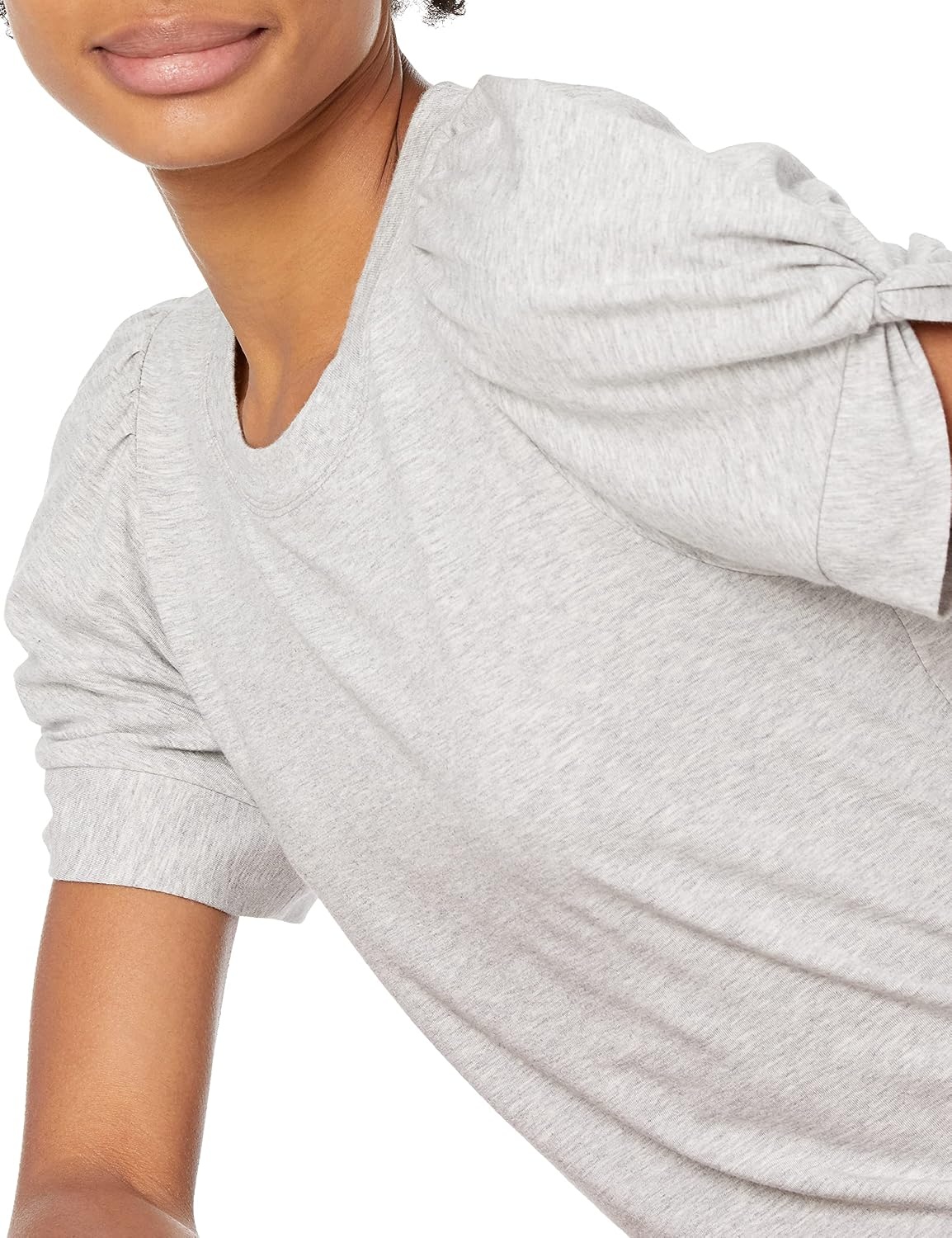 image:imageAmazon Essentials Womens RegularFit Twist Puff Sleeve Crewneck TShirtLight Heather Grey