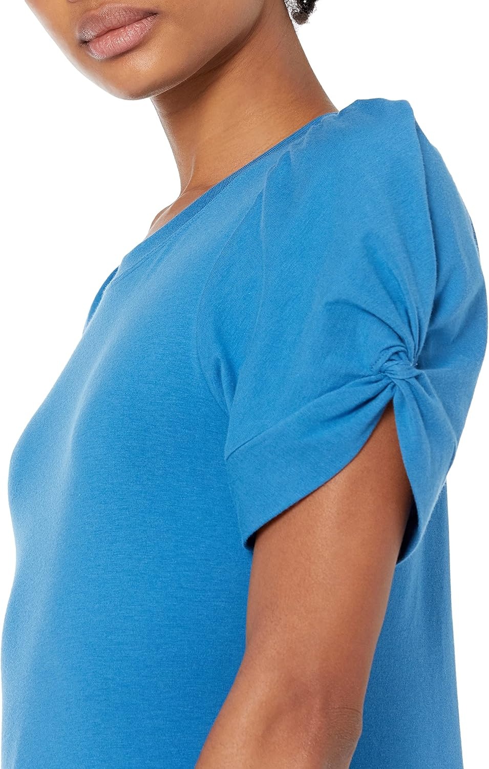 image:imageAmazon Essentials Womens RegularFit Twist Puff Sleeve Crewneck TShirtMid Blue