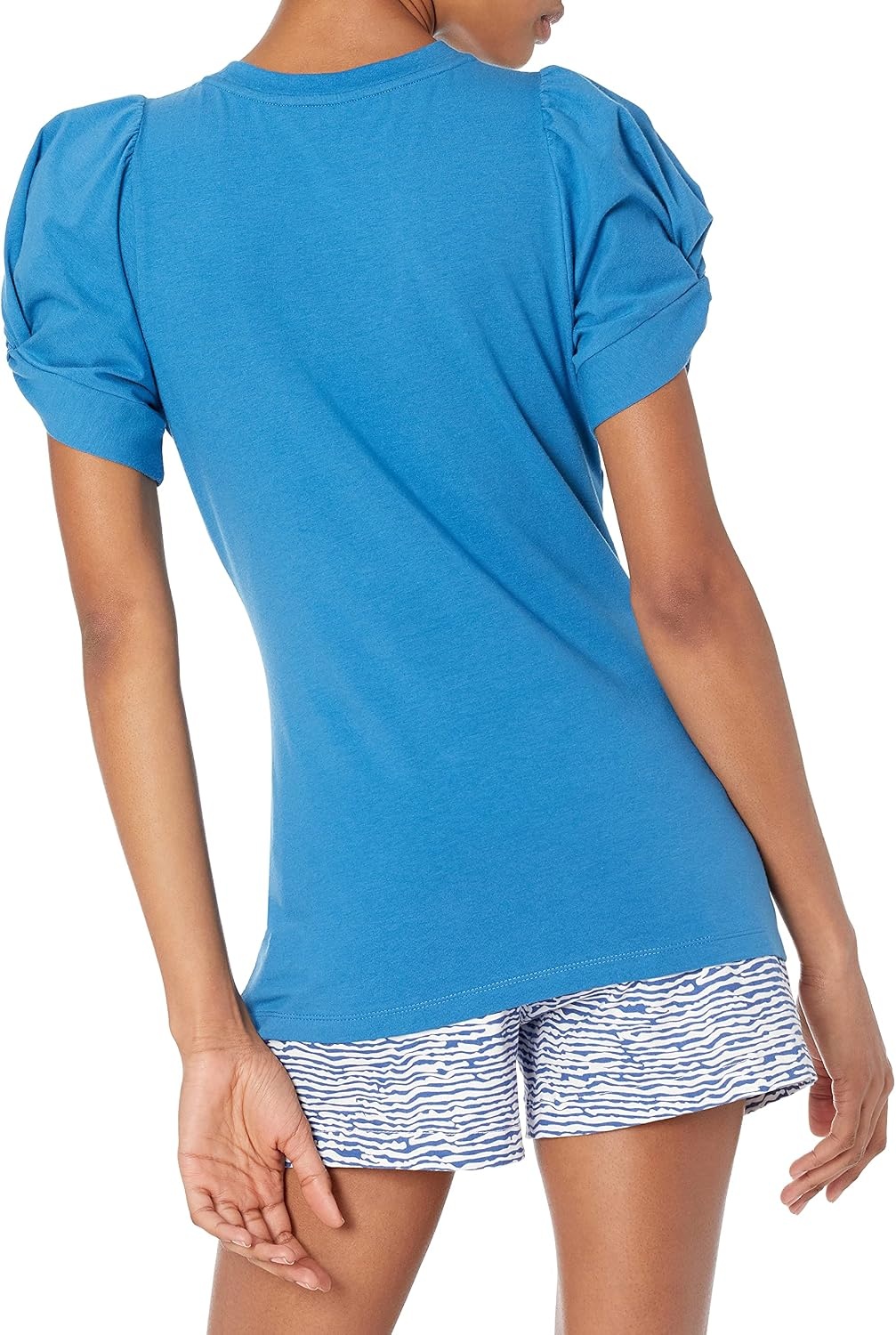 image:imageAmazon Essentials Womens RegularFit Twist Puff Sleeve Crewneck TShirtMid Blue