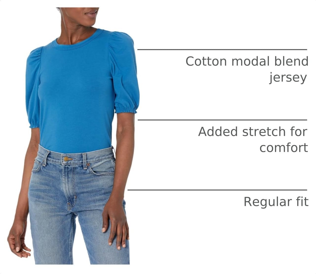 image:imageAmazon Essentials Womens RegularFit Twist Puff Sleeve Crewneck TShirtMid Blue