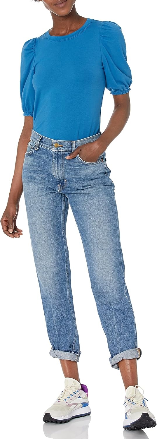image:imageAmazon Essentials Womens RegularFit Twist Puff Sleeve Crewneck TShirtMid Blue