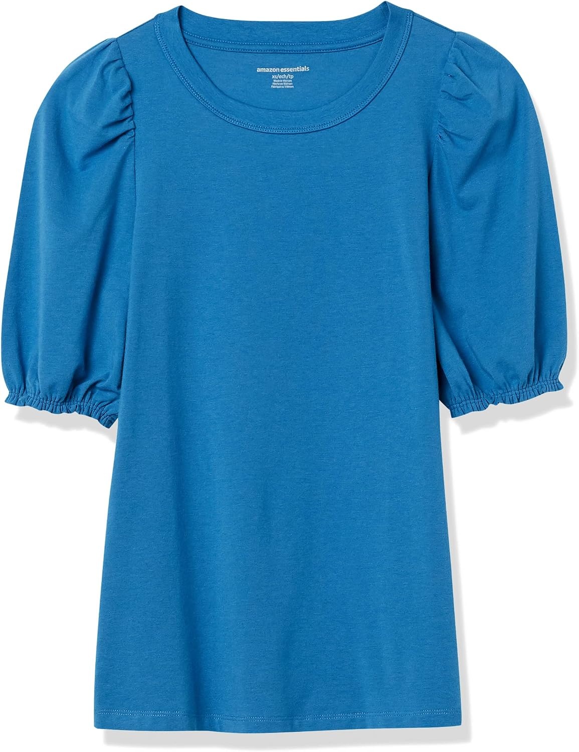 image:imageAmazon Essentials Womens RegularFit Twist Puff Sleeve Crewneck TShirtMid Blue