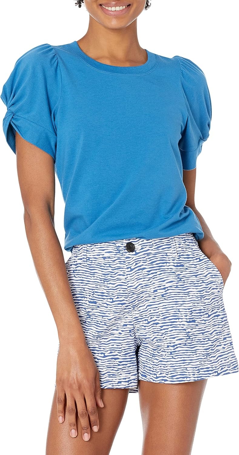 image:imageAmazon Essentials Womens RegularFit Twist Puff Sleeve Crewneck TShirtMid Blue