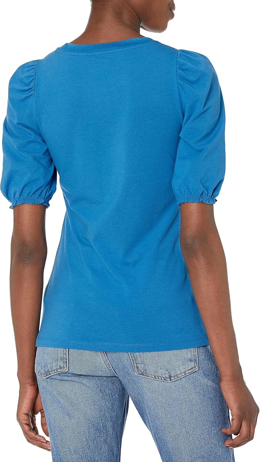image:imageAmazon Essentials Womens RegularFit Twist Puff Sleeve Crewneck TShirtMid Blue