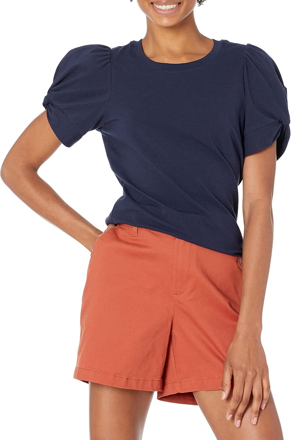 image:imageAmazon Essentials Womens RegularFit Twist Puff Sleeve Crewneck TShirtNavy