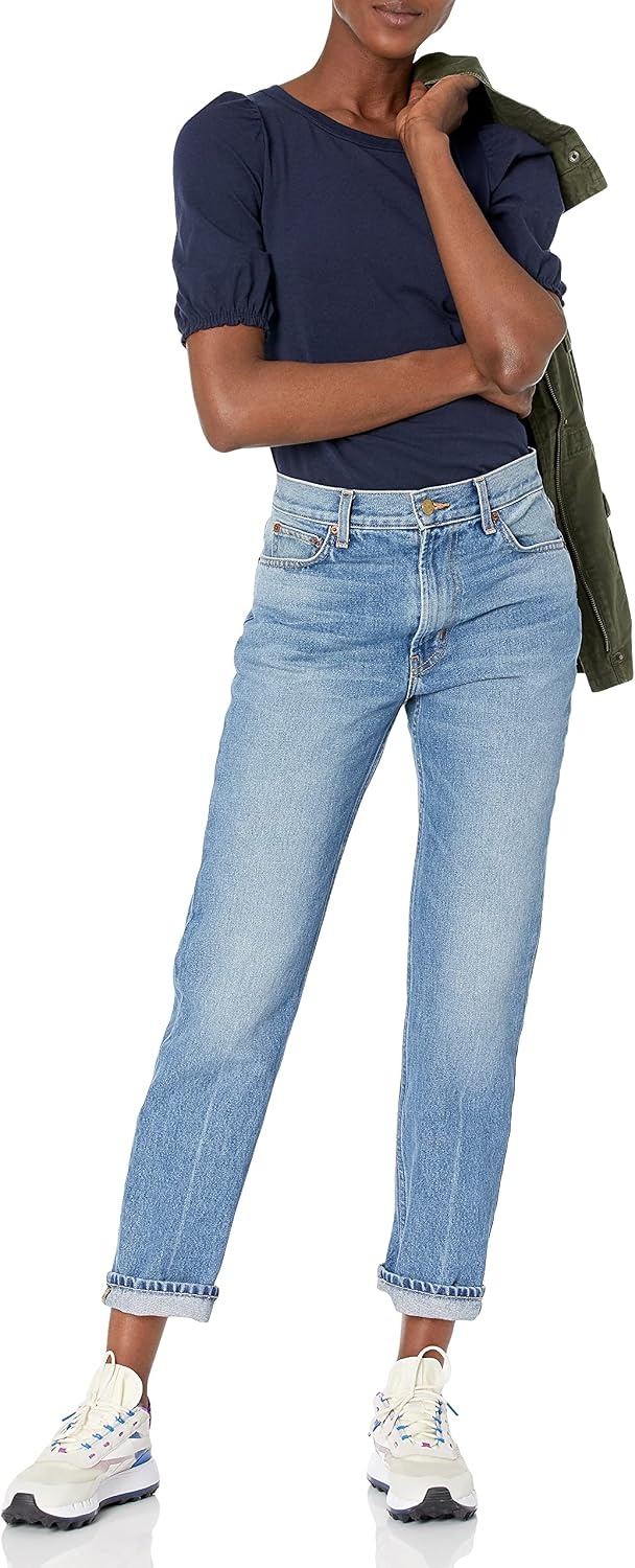 image:imageAmazon Essentials Womens RegularFit Twist Puff Sleeve Crewneck TShirtNavy