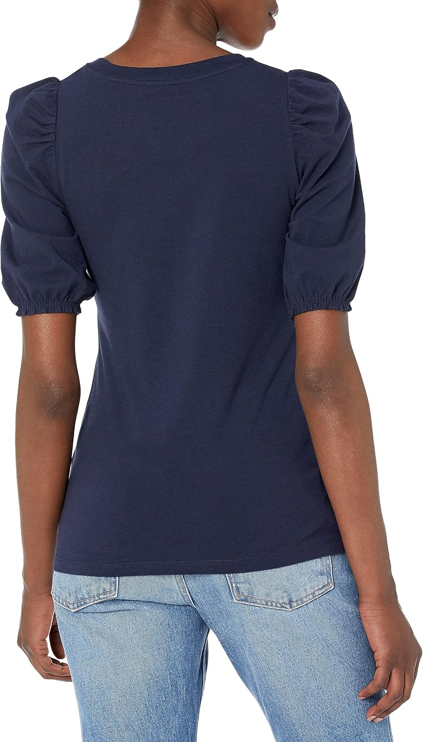 image:imageAmazon Essentials Womens RegularFit Twist Puff Sleeve Crewneck TShirtNavy