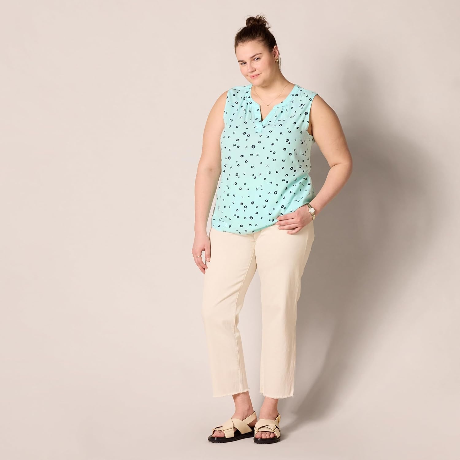 image:imageAmazon Essentials Womens Relaxed Fit Sleeveless VNeck Woven ShirtAqua Poppy