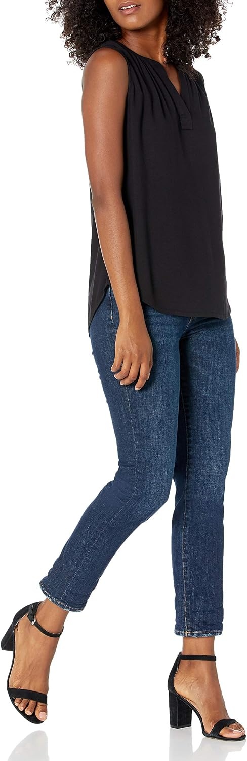 image:imageAmazon Essentials Womens Relaxed Fit Sleeveless VNeck Woven ShirtBlack