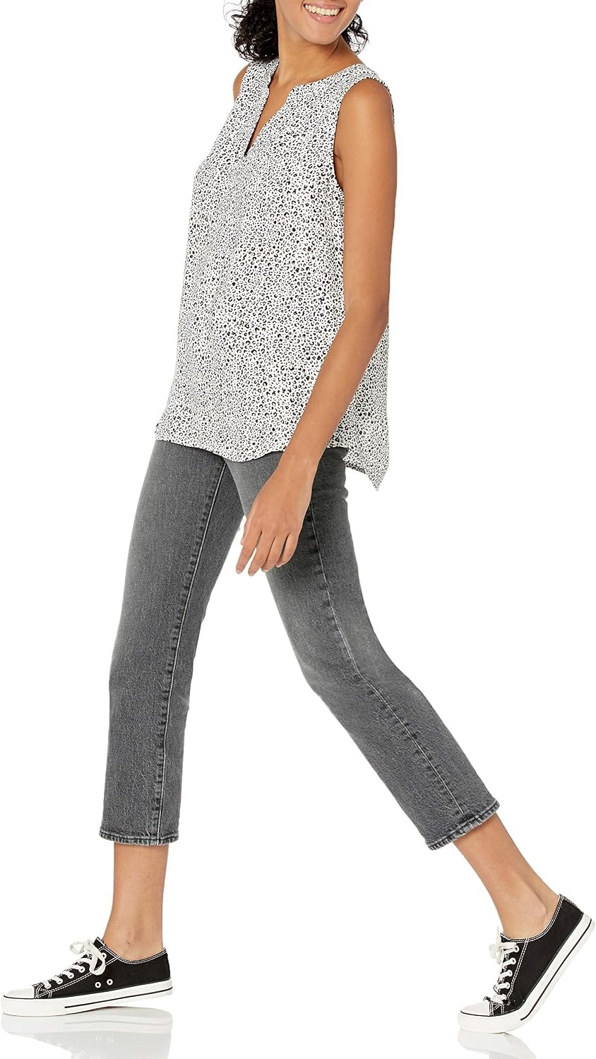 image:imageAmazon Essentials Womens Relaxed Fit Sleeveless VNeck Woven ShirtMini Leopard