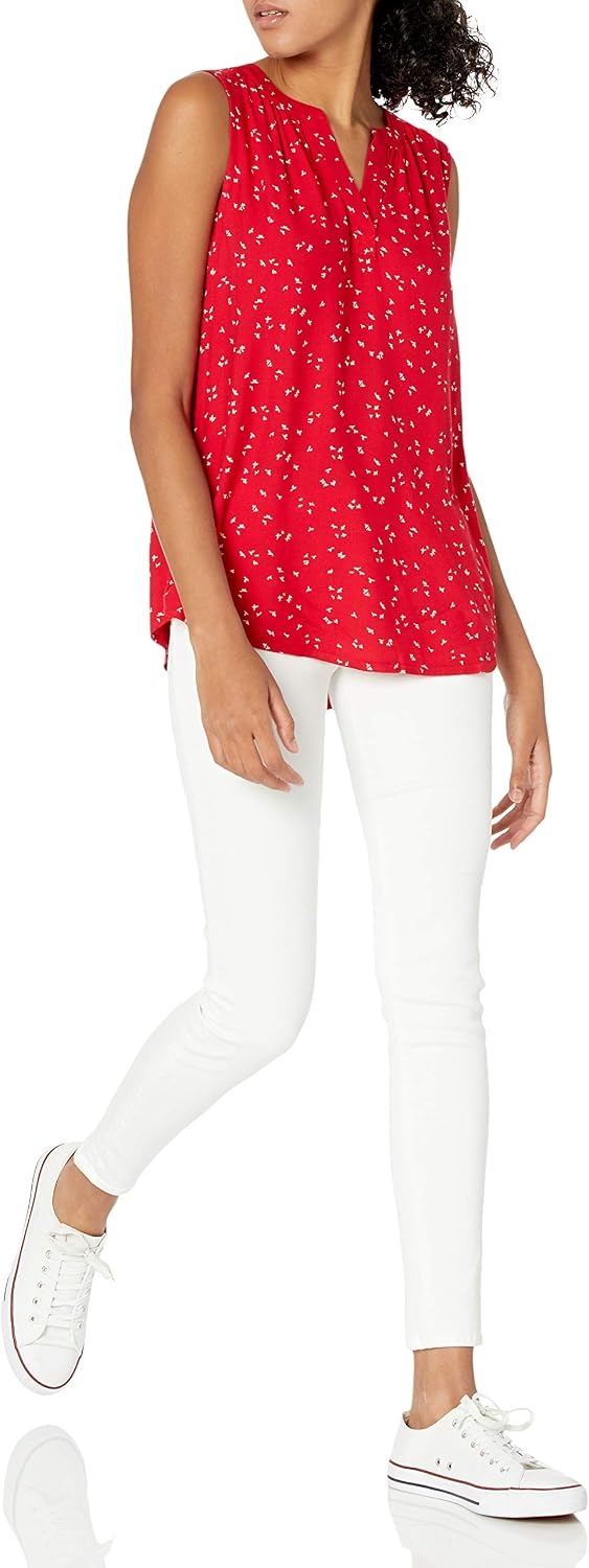 image:imageAmazon Essentials Womens Relaxed Fit Sleeveless VNeck Woven ShirtRed Leaf